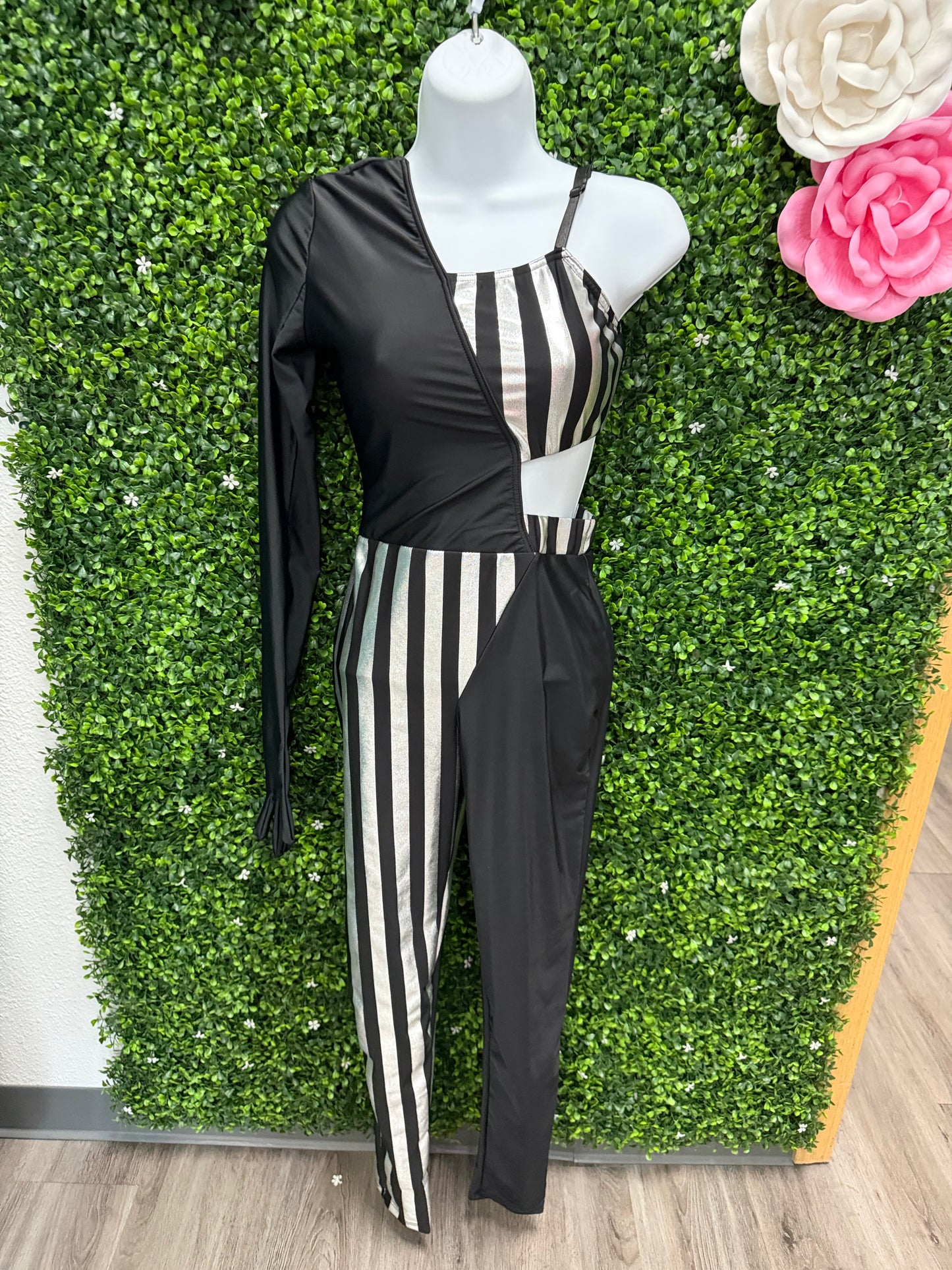 Adult Small Black and Silver One-Shoulder Dance Jumpsuit