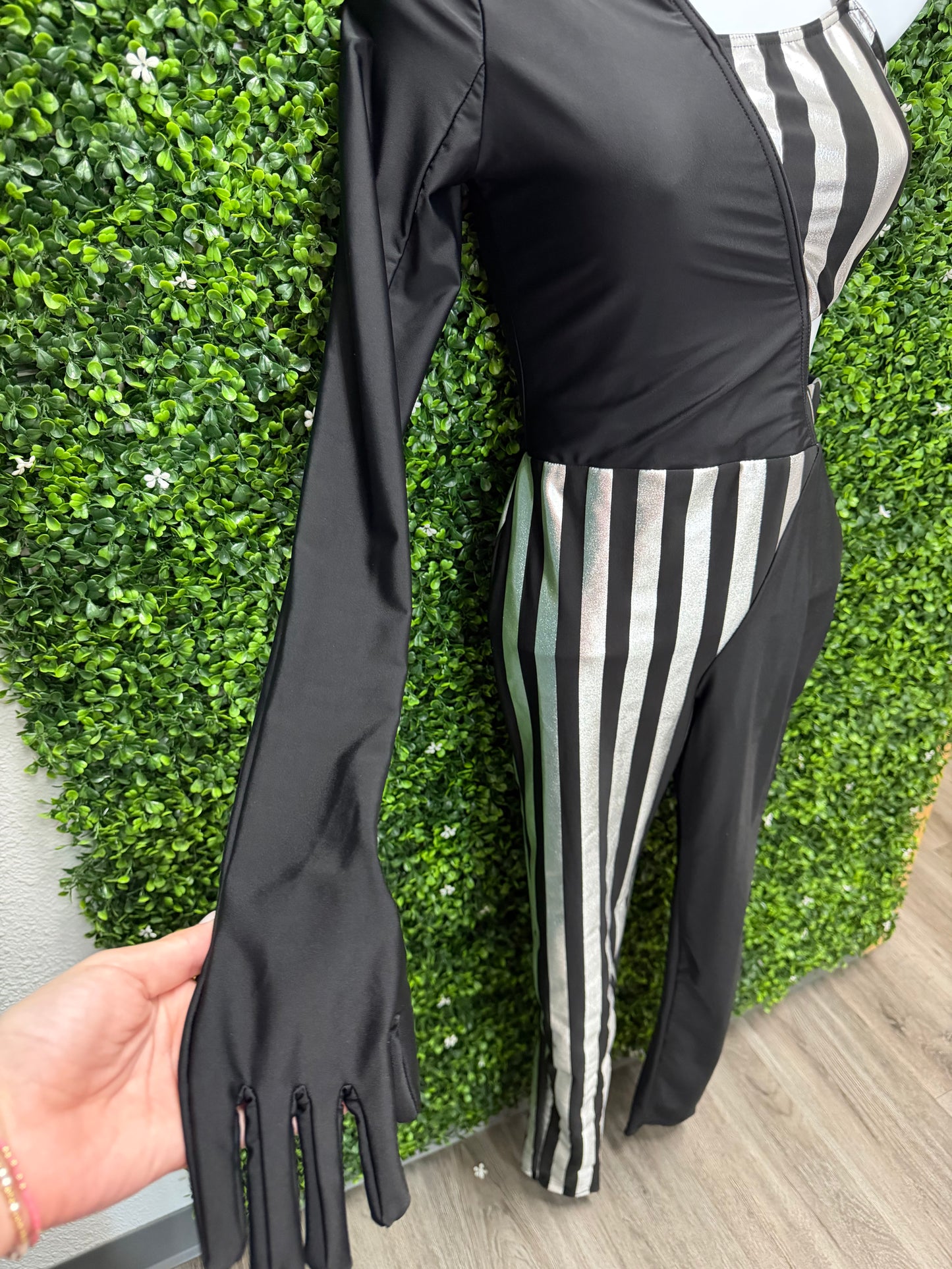 Adult Small Black and Silver One-Shoulder Dance Jumpsuit