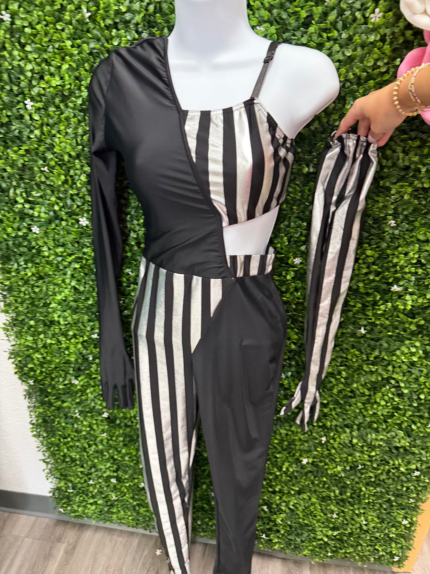 Adult Small Black and Silver One-Shoulder Dance Jumpsuit