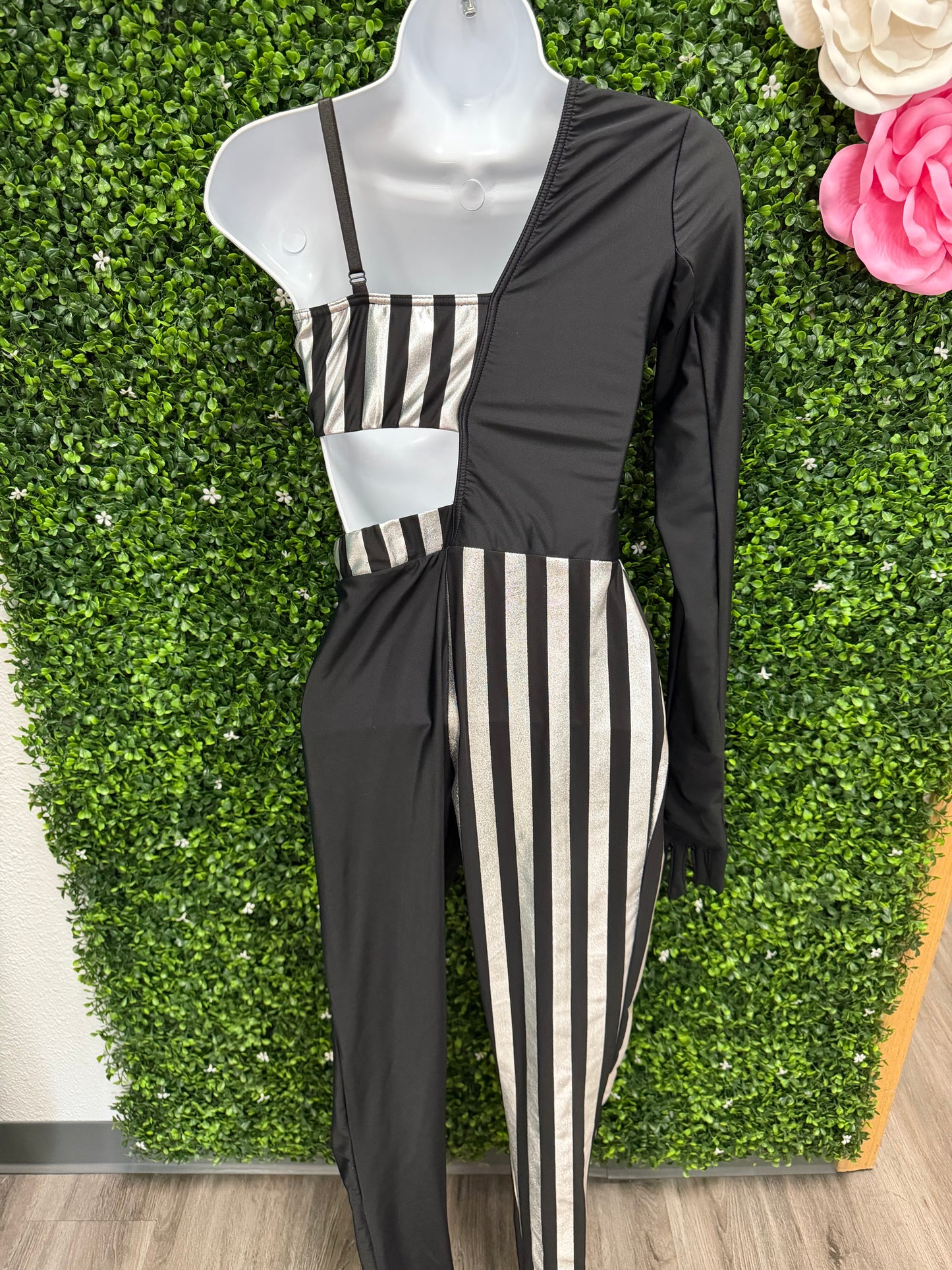 Adult Small Black and Silver One-Shoulder Dance Jumpsuit
