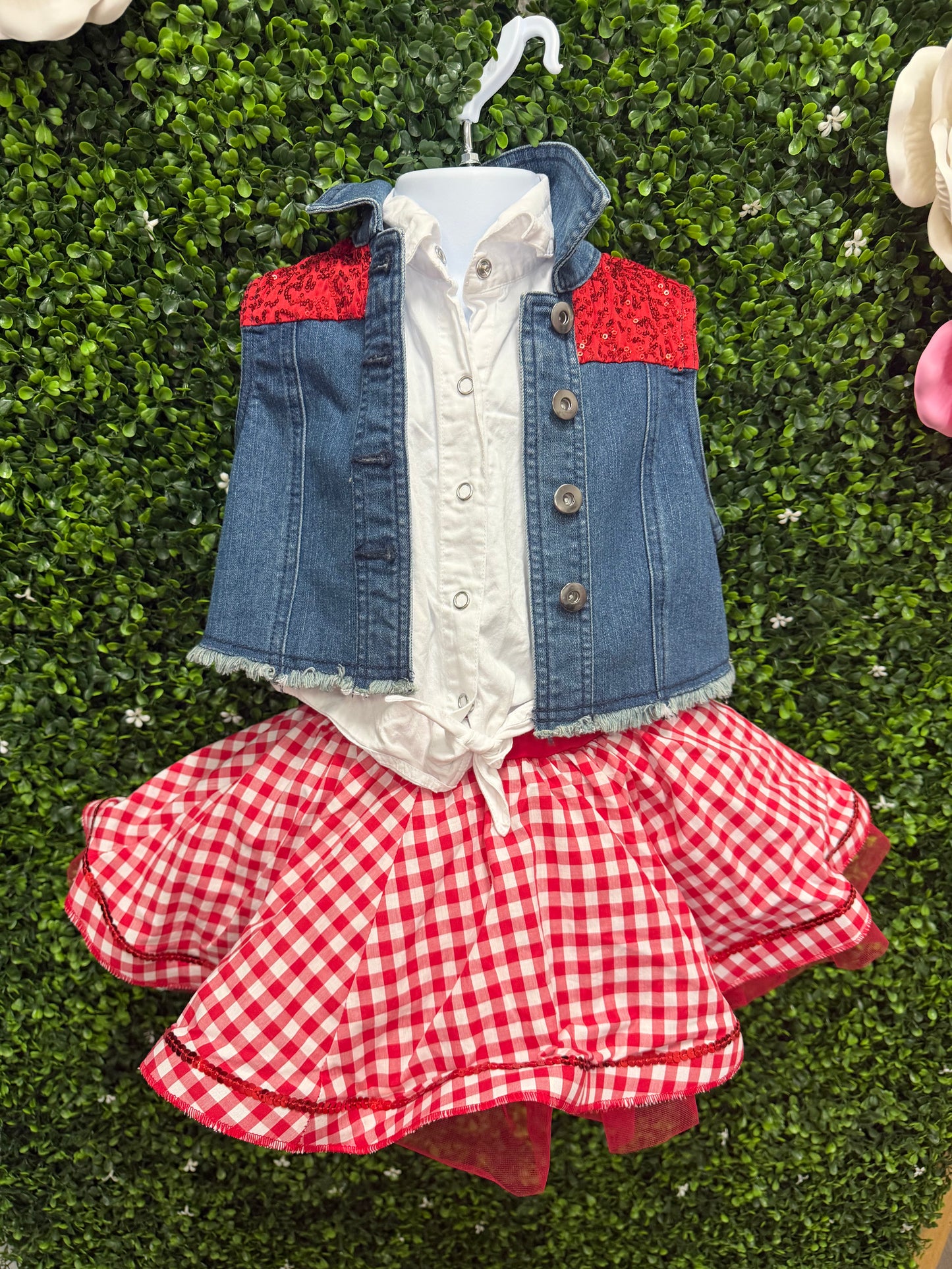 Child Small Blue Denim Vest with Red Gingham Skirt Costume