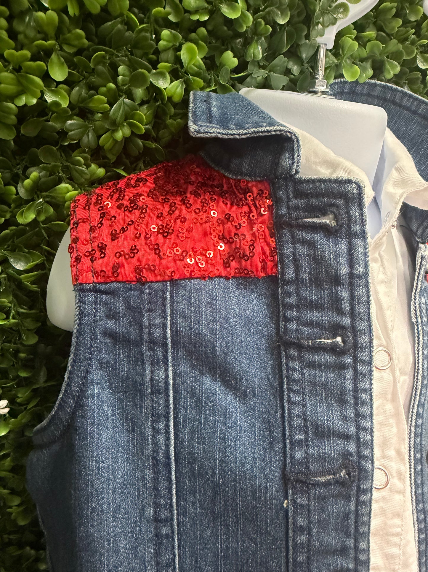 Child Small Blue Denim Vest with Red Gingham Skirt Costume