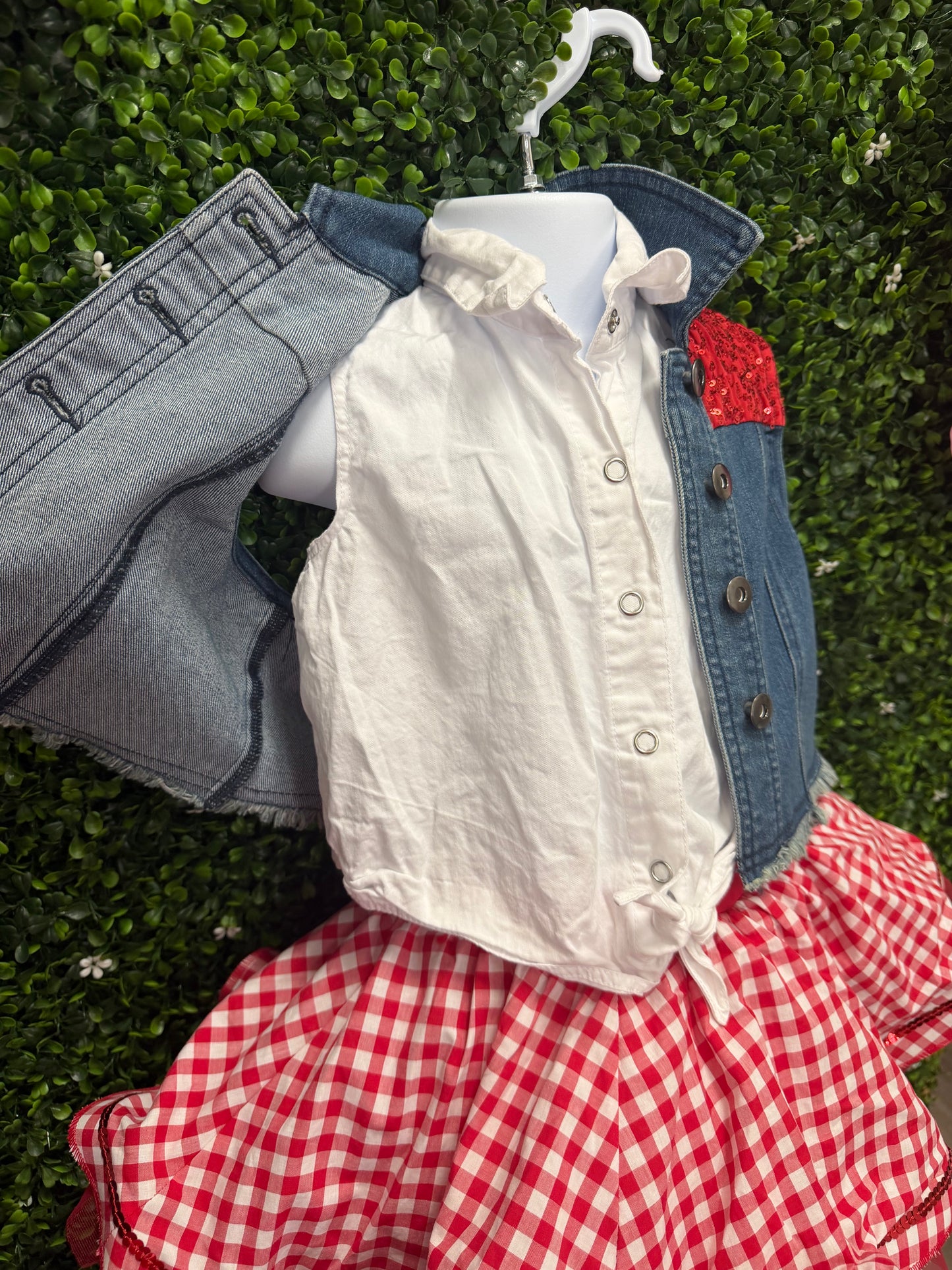 Child Small Blue Denim Vest with Red Gingham Skirt Costume
