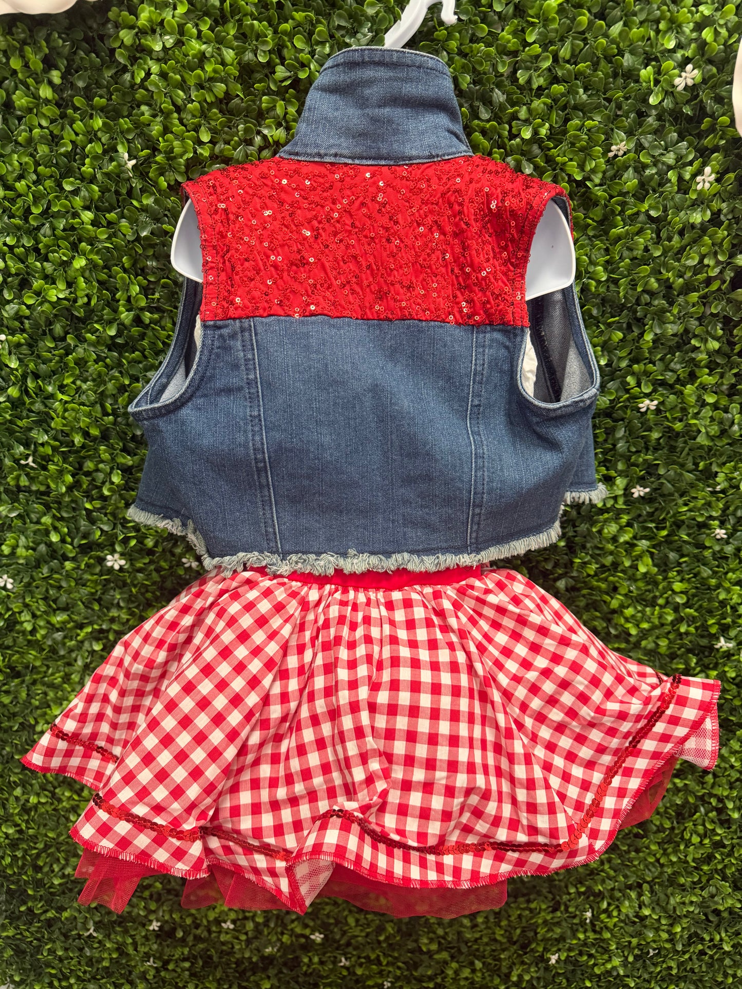 Child Small Blue Denim Vest with Red Gingham Skirt Costume