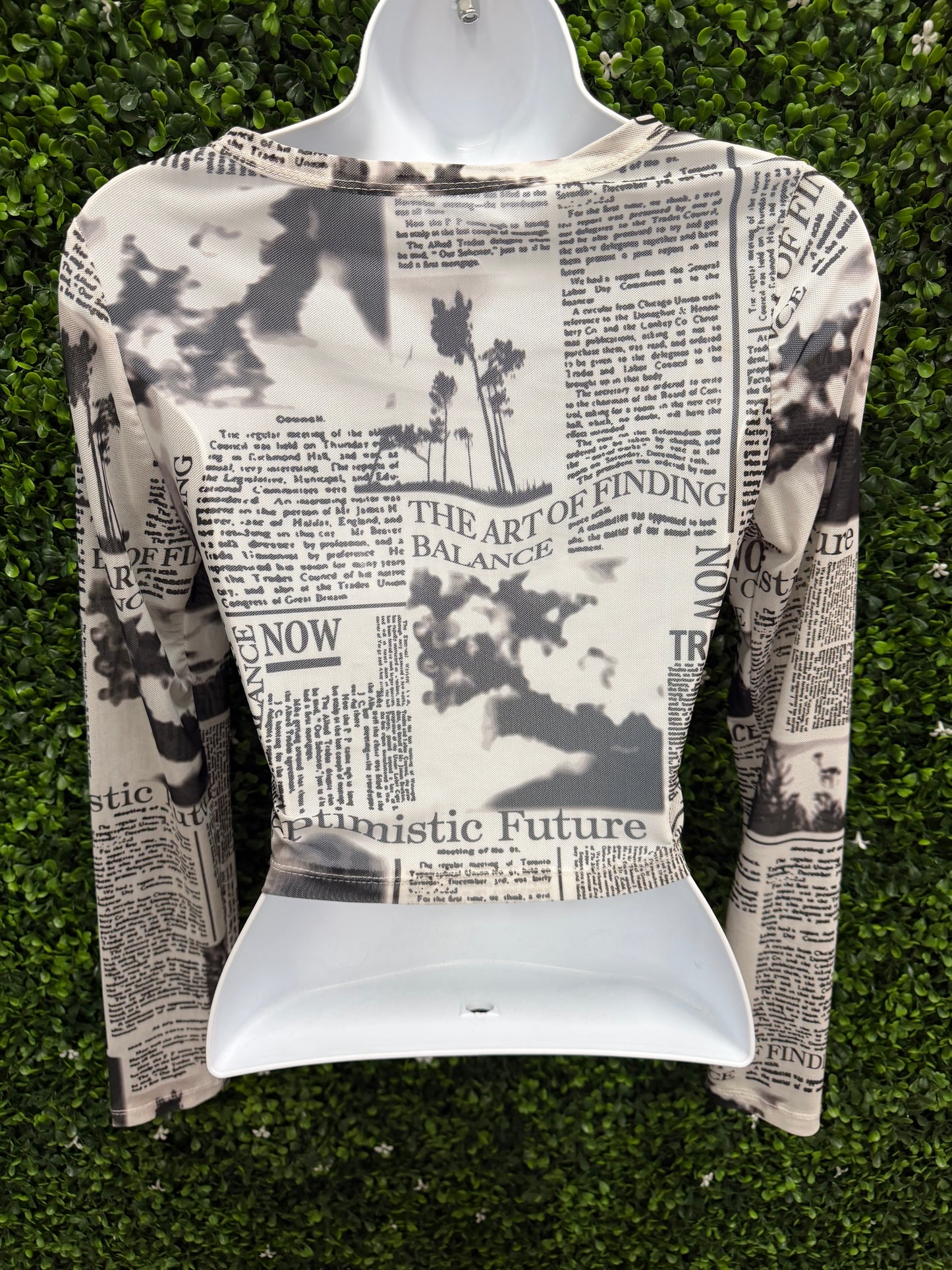 Adult X-Small Newspaper-Print Long Sleeve Crop Top - Black & Cream