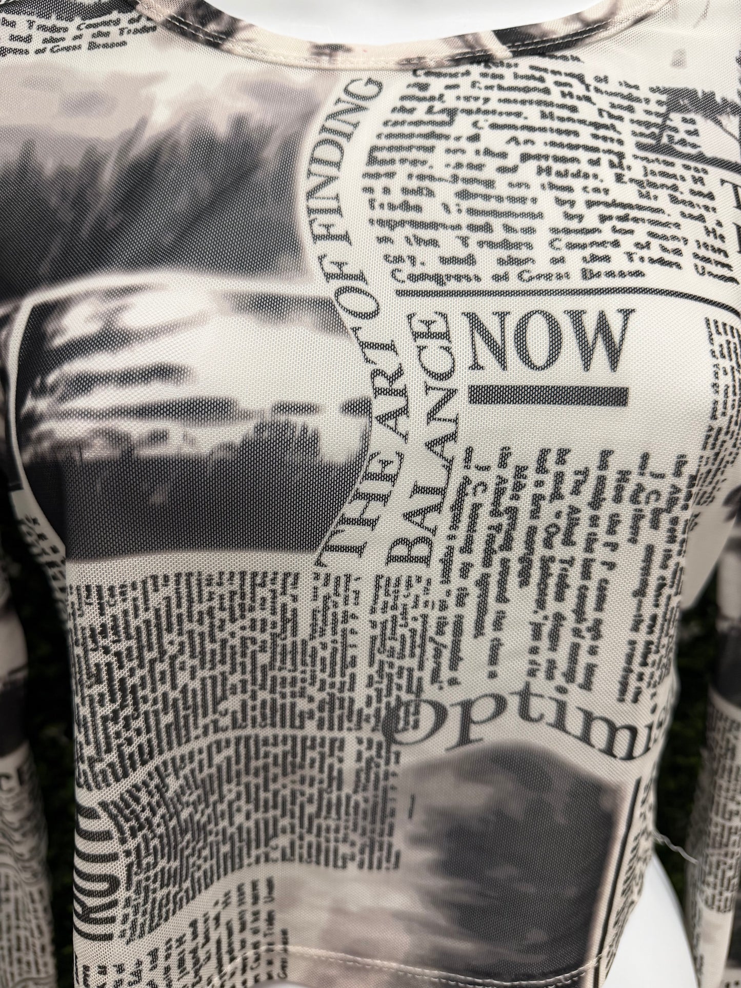 Adult X-Small Newspaper-Print Long Sleeve Crop Top - Black & Cream