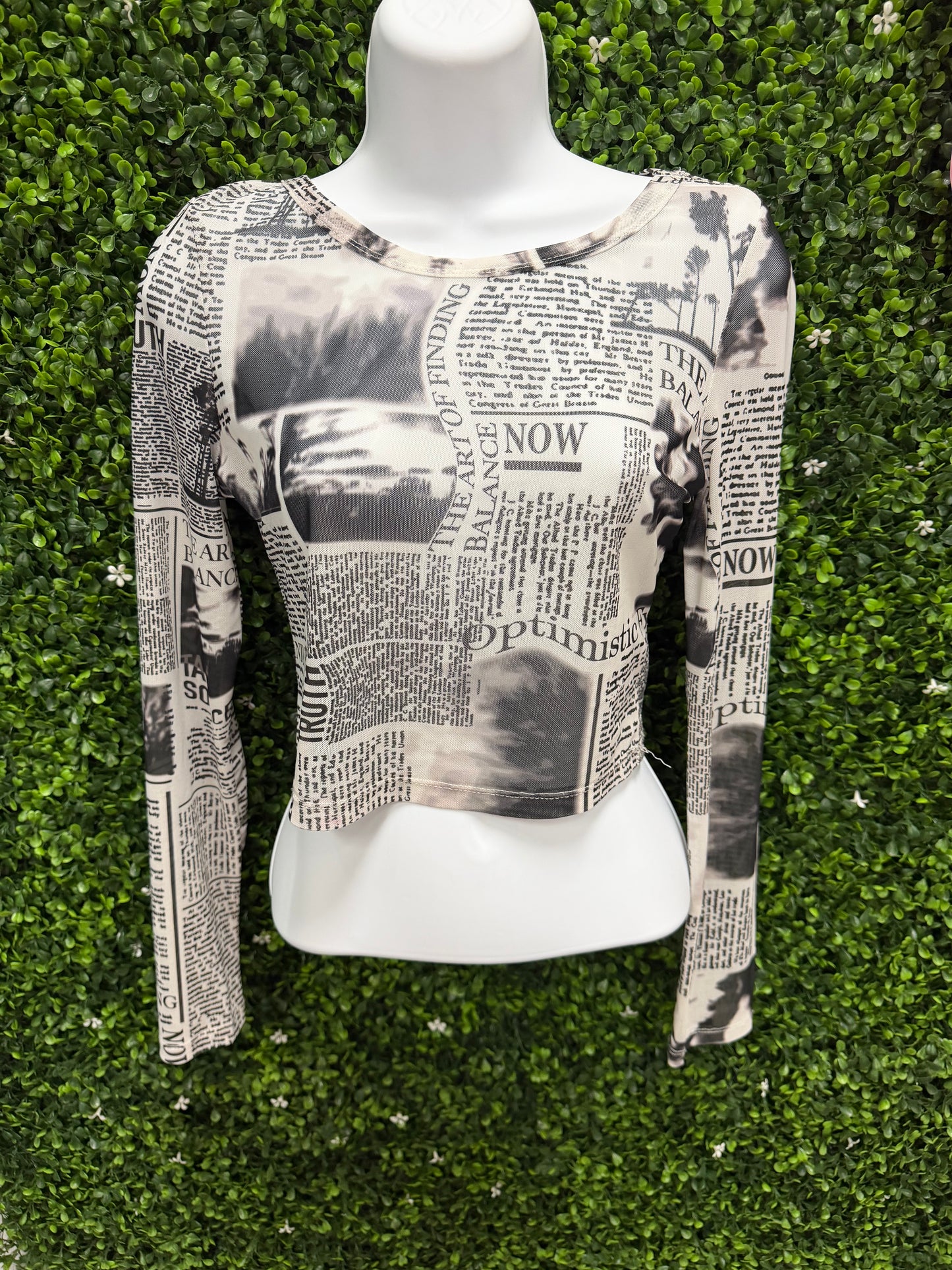 Adult X-Small Newspaper-Print Long Sleeve Crop Top - Black & Cream