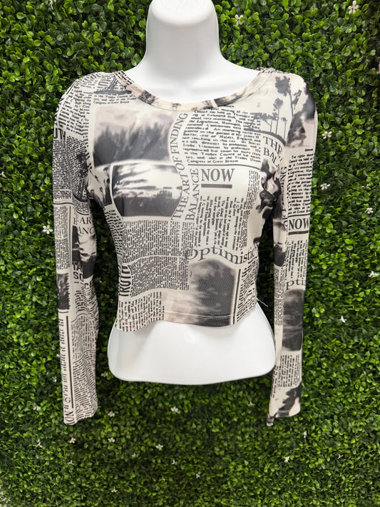 Adult X-Small Newspaper-Print Long Sleeve Crop Top - Black & Cream