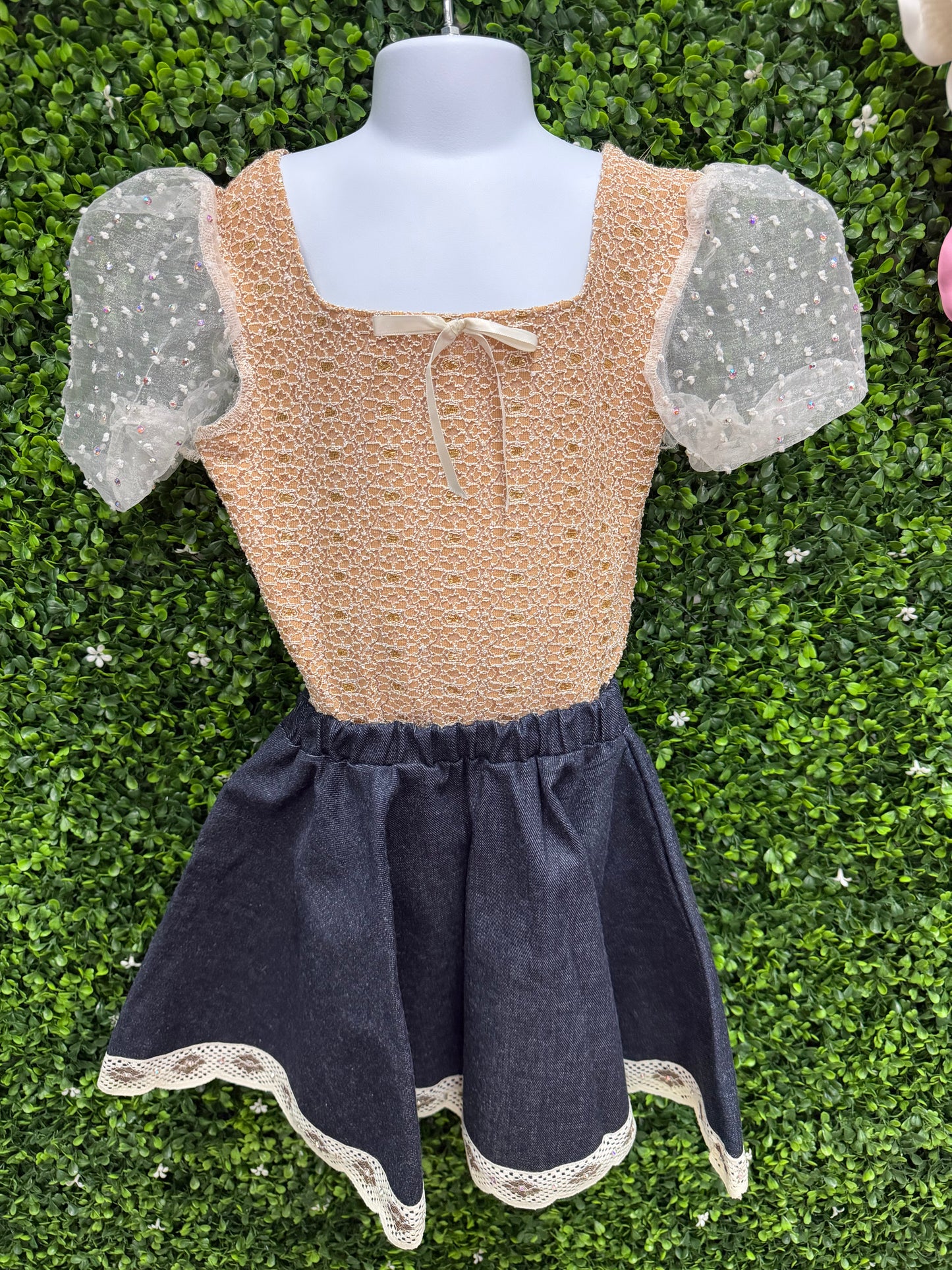 Child Large Peach Crochet Bodice Puff Sleeve Leotard with Navy Skirt