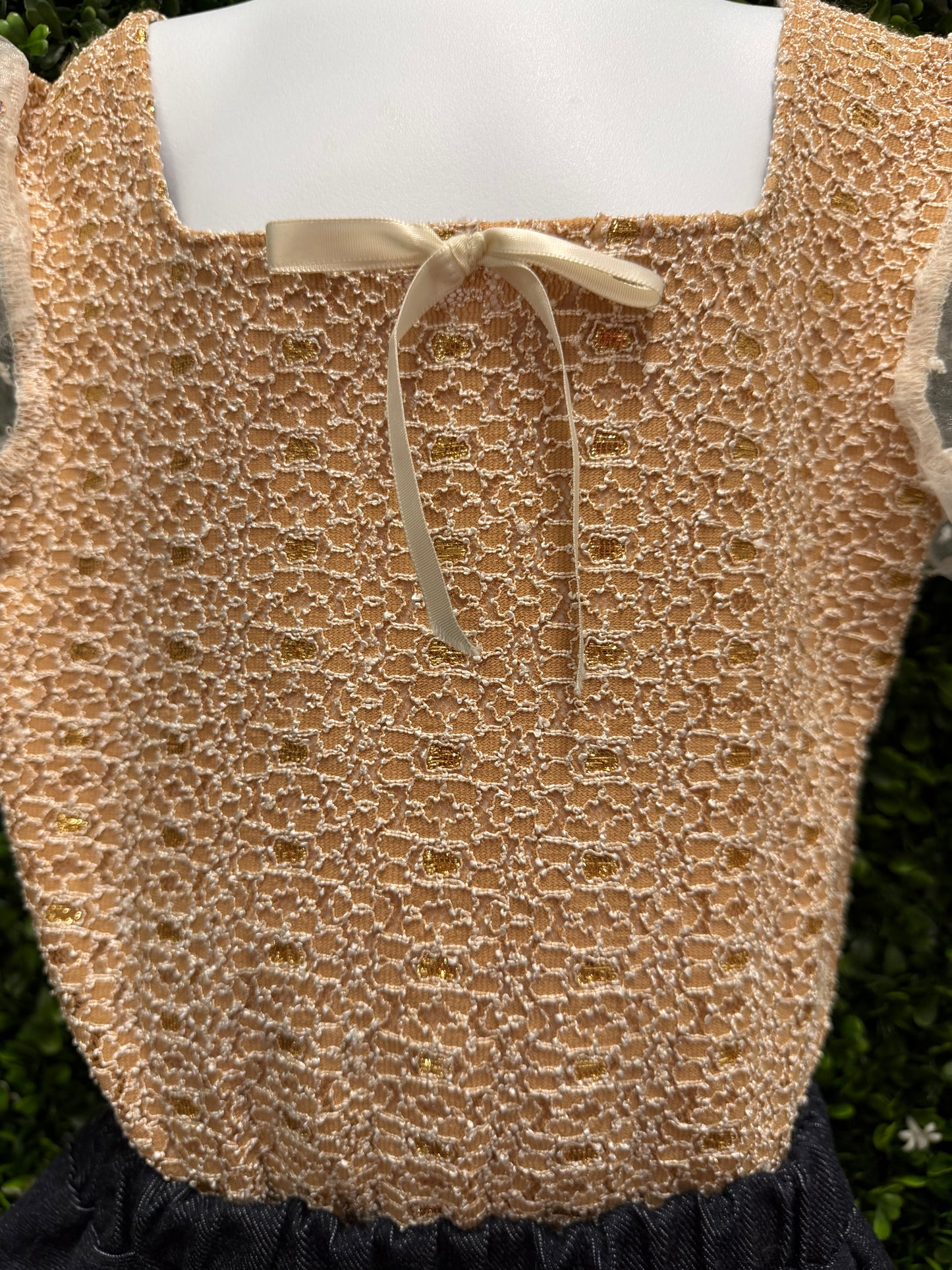 Child Large Peach Crochet Bodice Puff Sleeve Leotard with Navy Skirt