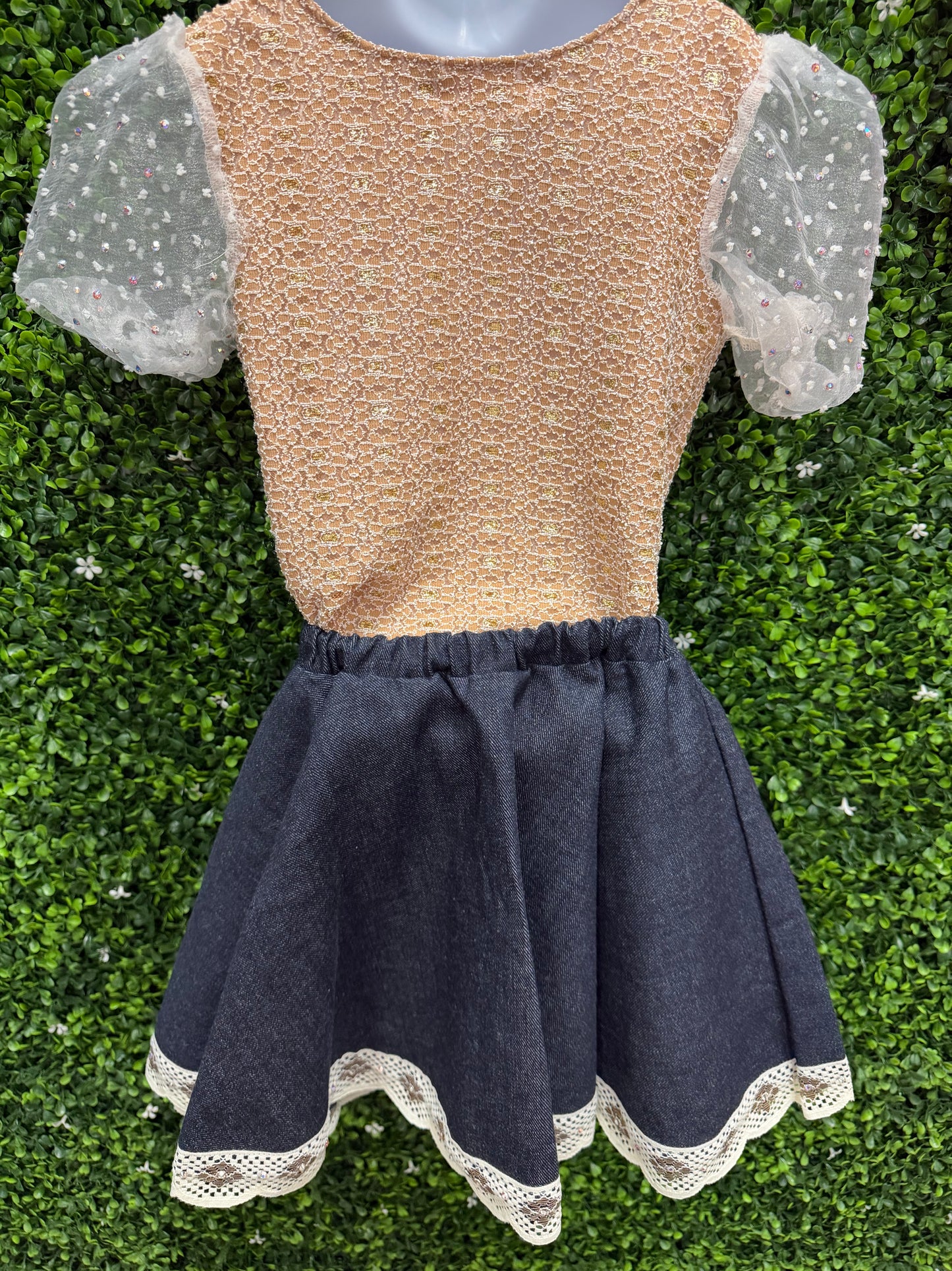 Child Large Peach Crochet Bodice Puff Sleeve Leotard with Navy Skirt