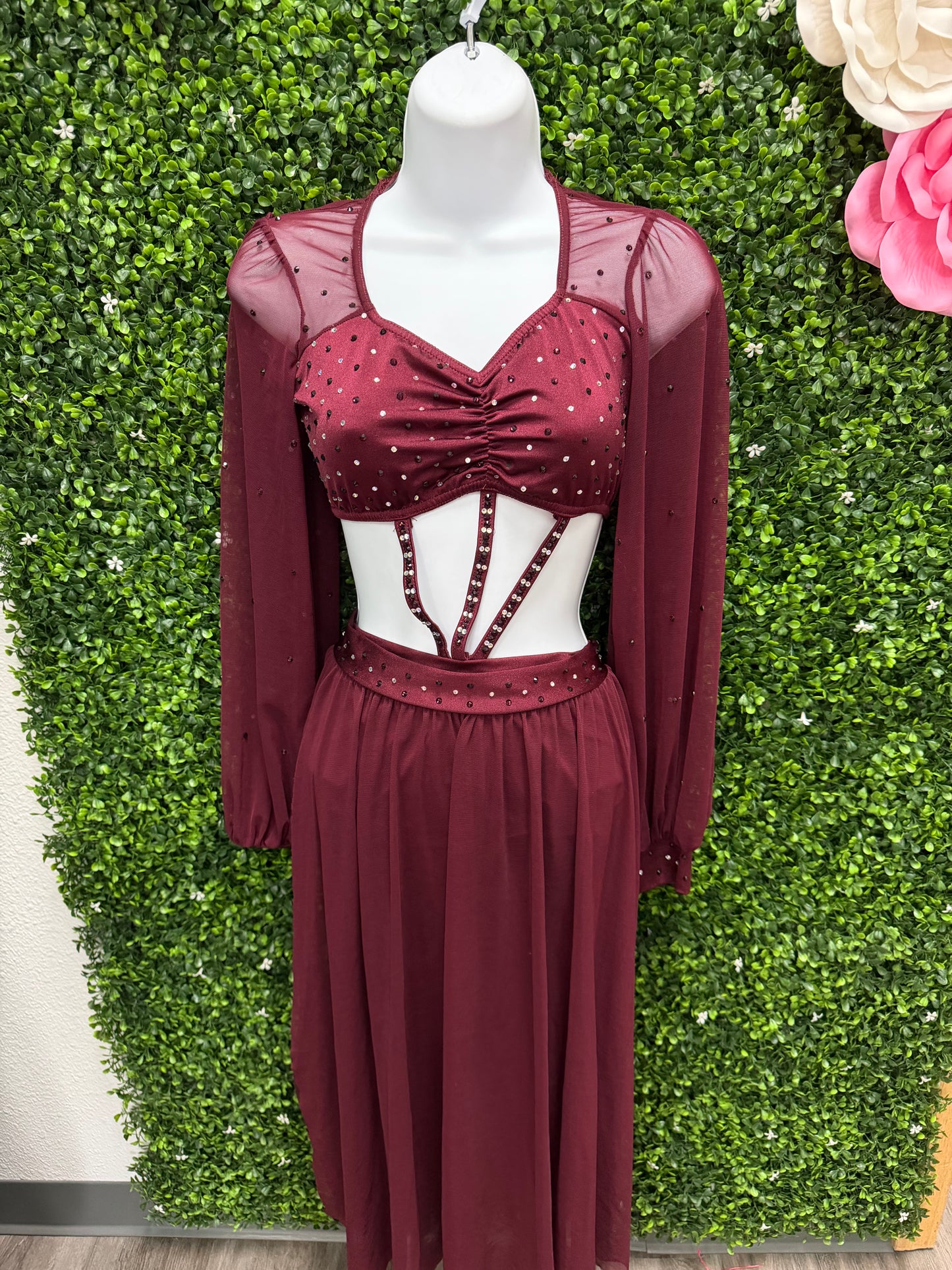 Adult Small Burgundy Dance Costume Two-Piece Set with Sheer Sleeves