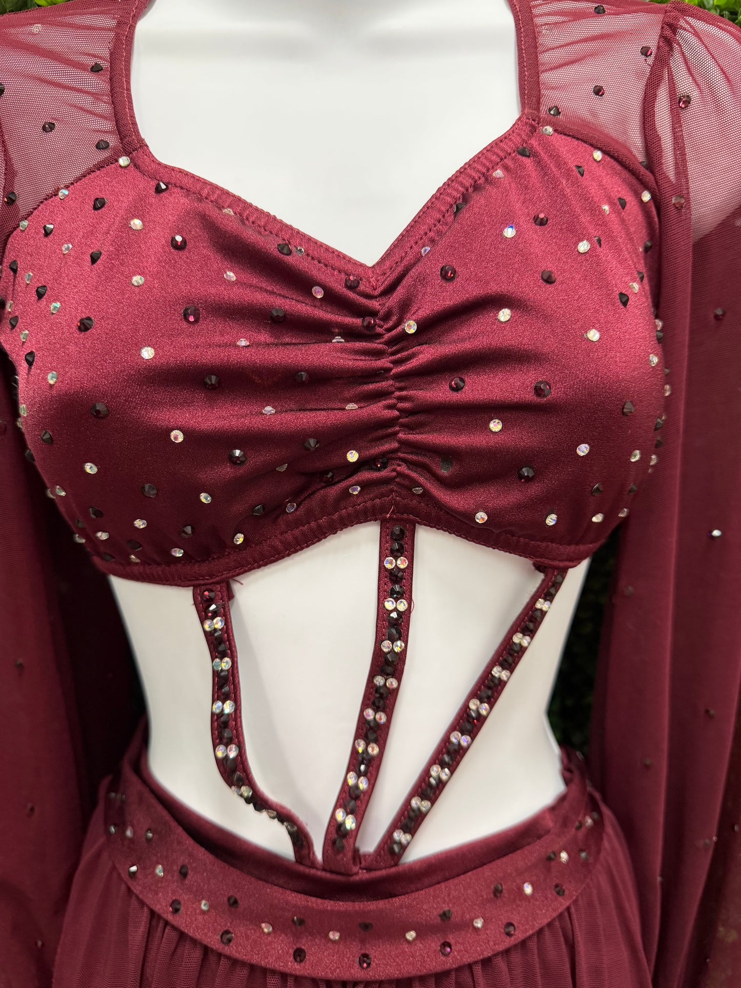 Adult Small Burgundy Dance Costume Two-Piece Set with Sheer Sleeves