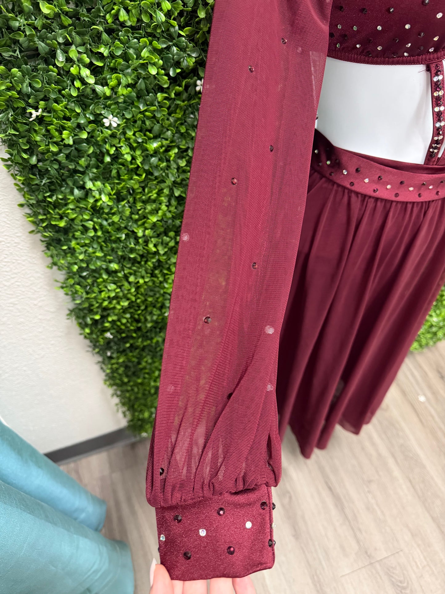 Adult Small Burgundy Dance Costume Two-Piece Set with Sheer Sleeves