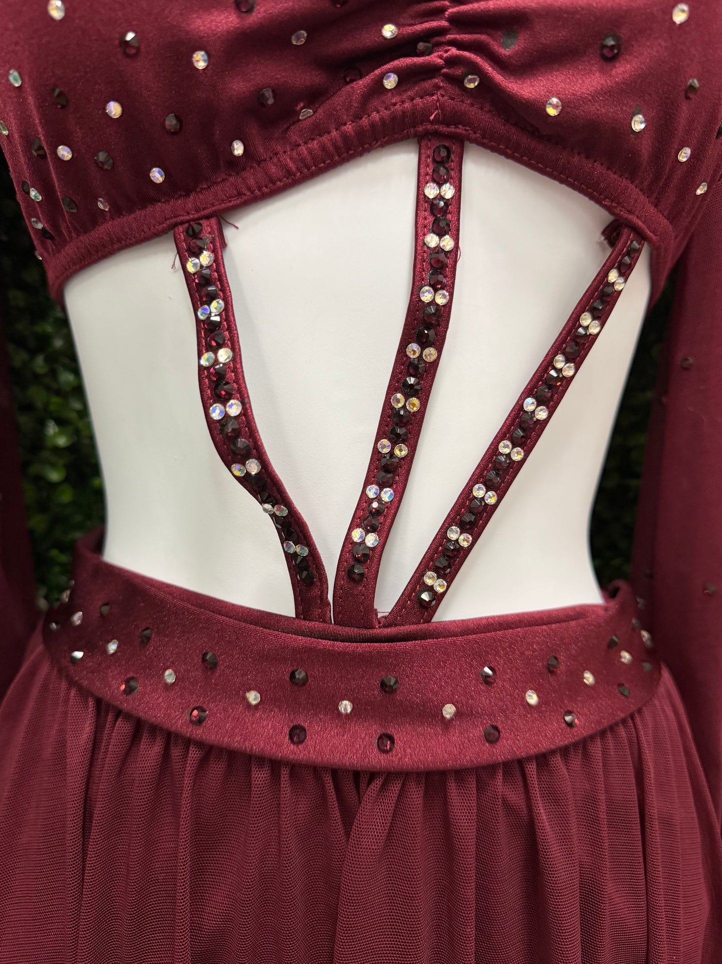 Adult Small Burgundy Dance Costume Two-Piece Set with Sheer Sleeves