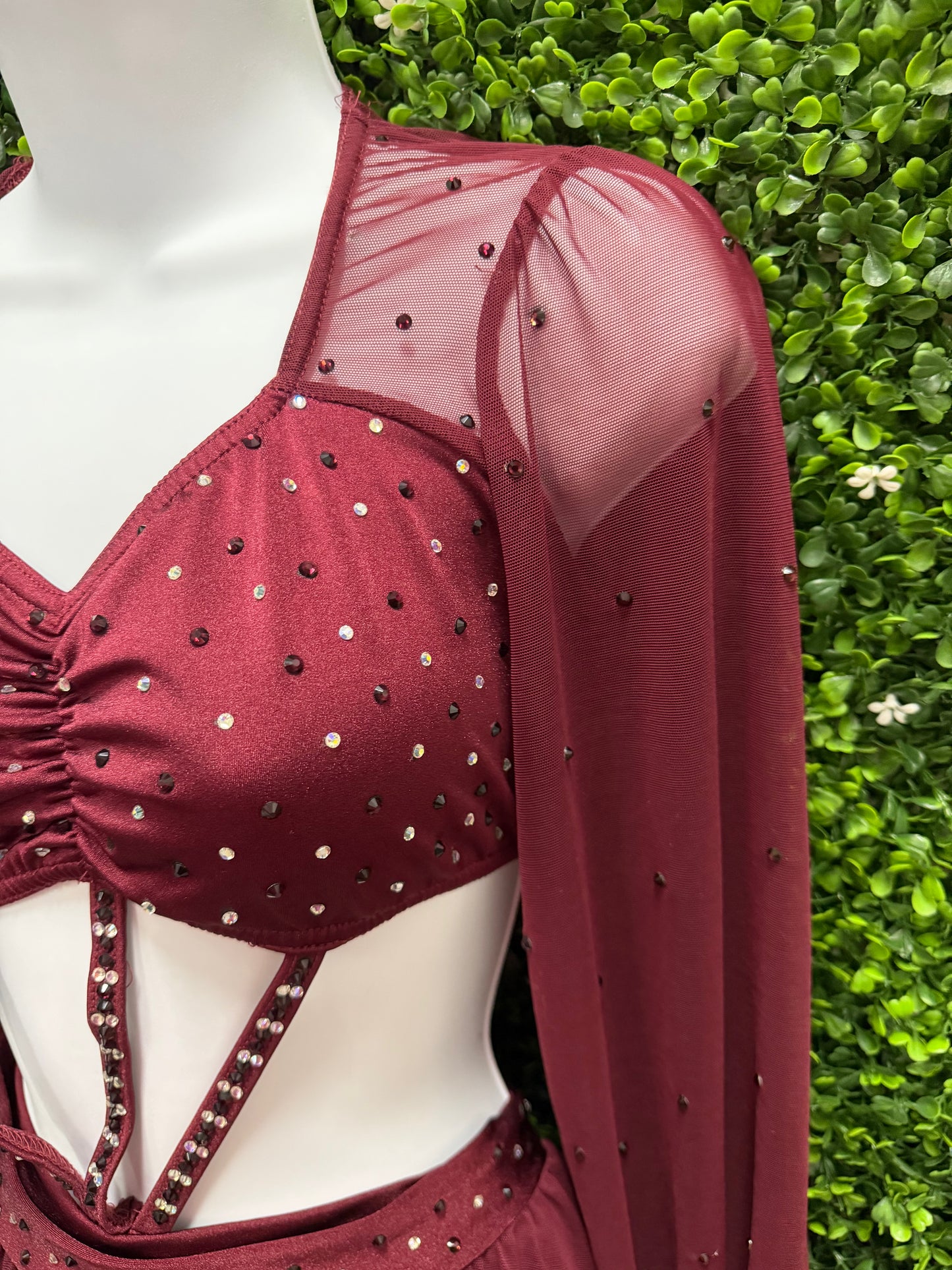 Adult Small Burgundy Dance Costume Two-Piece Set with Sheer Sleeves