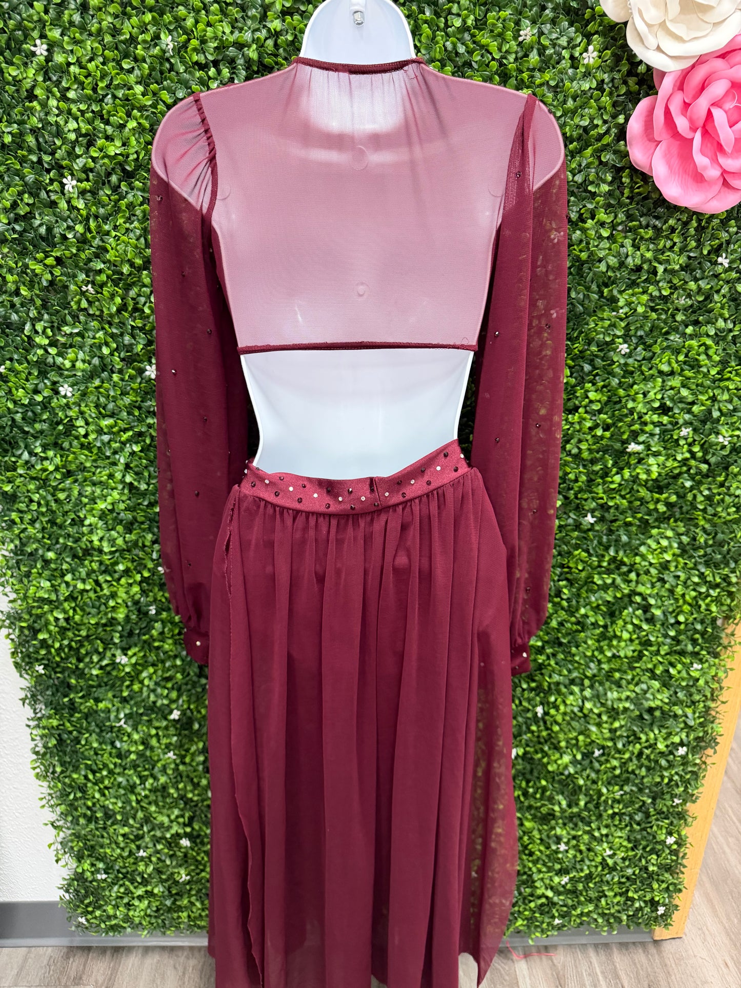 Adult Small Burgundy Dance Costume Two-Piece Set with Sheer Sleeves