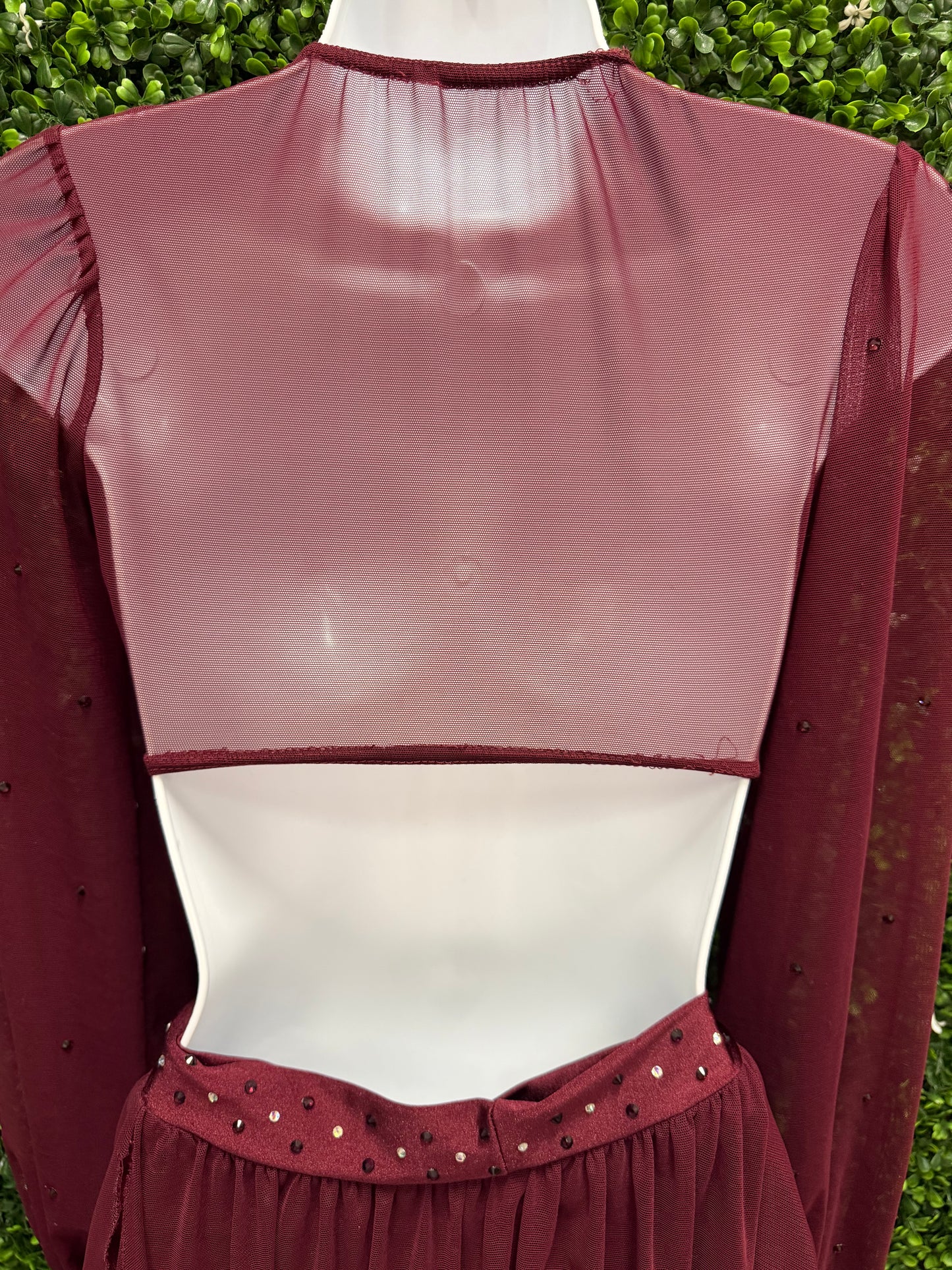 Adult Small Burgundy Dance Costume Two-Piece Set with Sheer Sleeves
