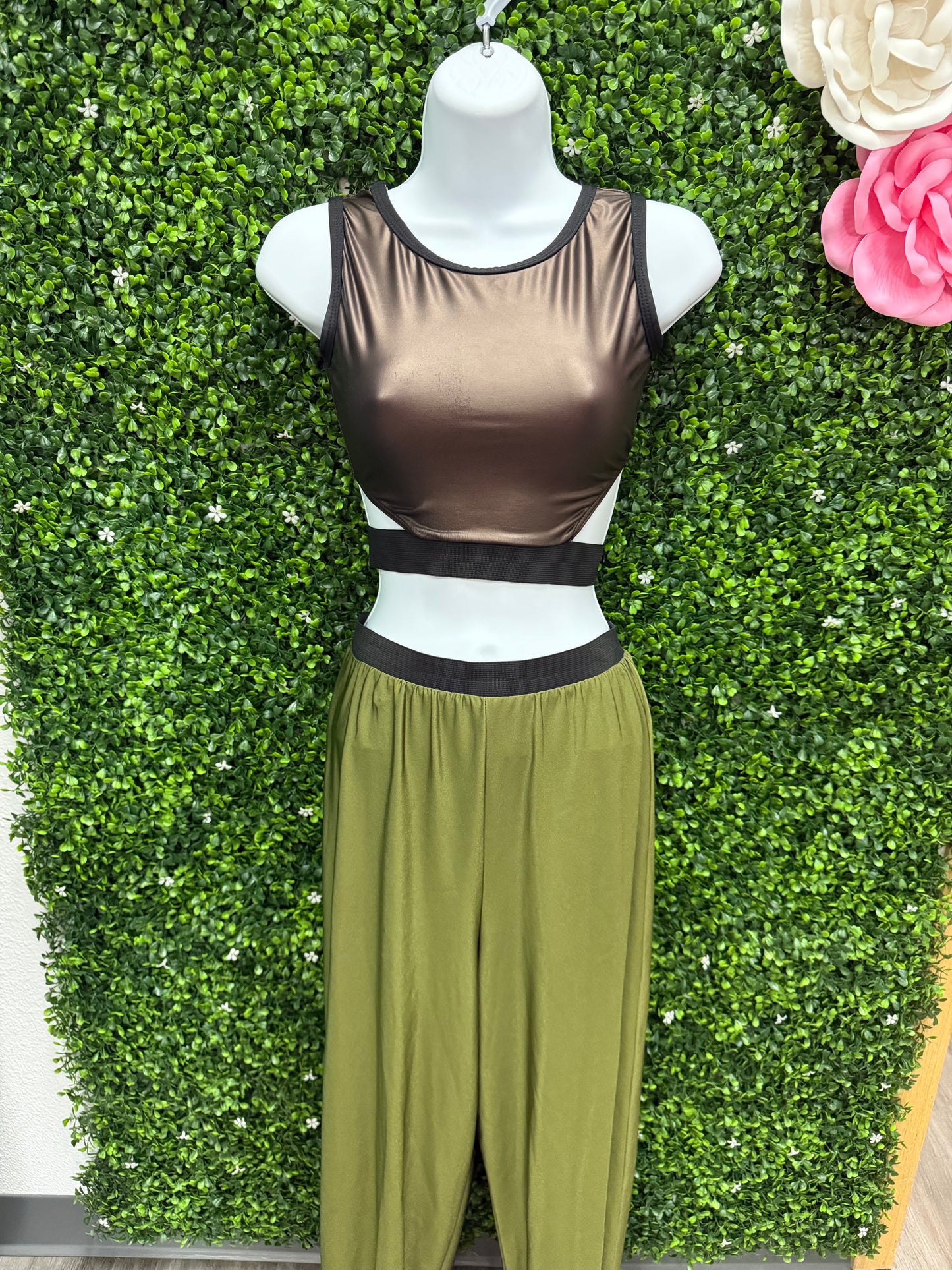 Adult Small Olive Green Pants with Metallic Bronze Crop Top