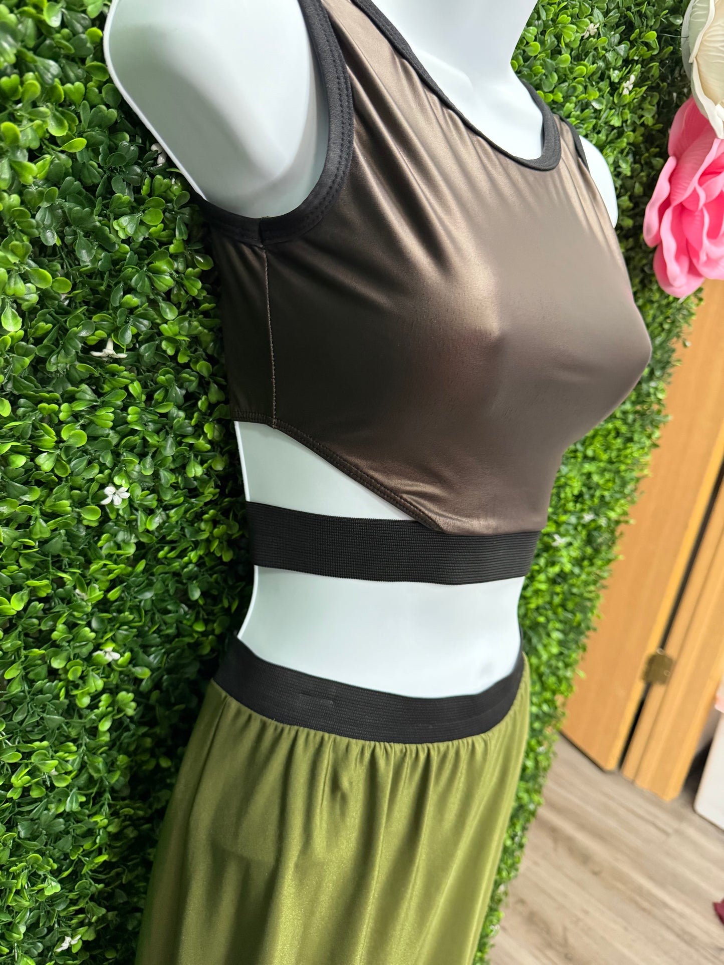 Adult Small Olive Green Pants with Metallic Bronze Crop Top