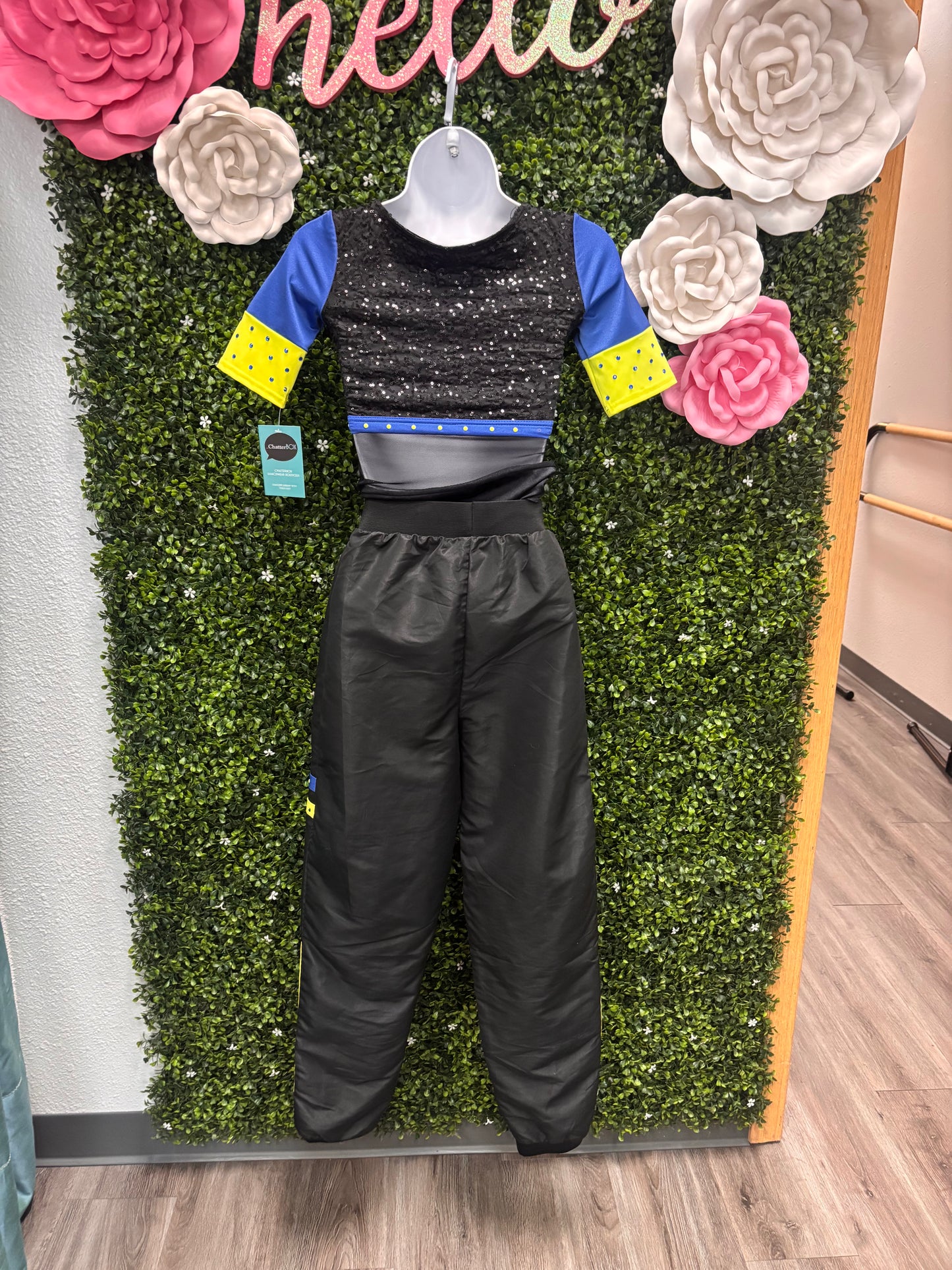Child Medium Black Blue Sequin Leo with Black Pants Costume