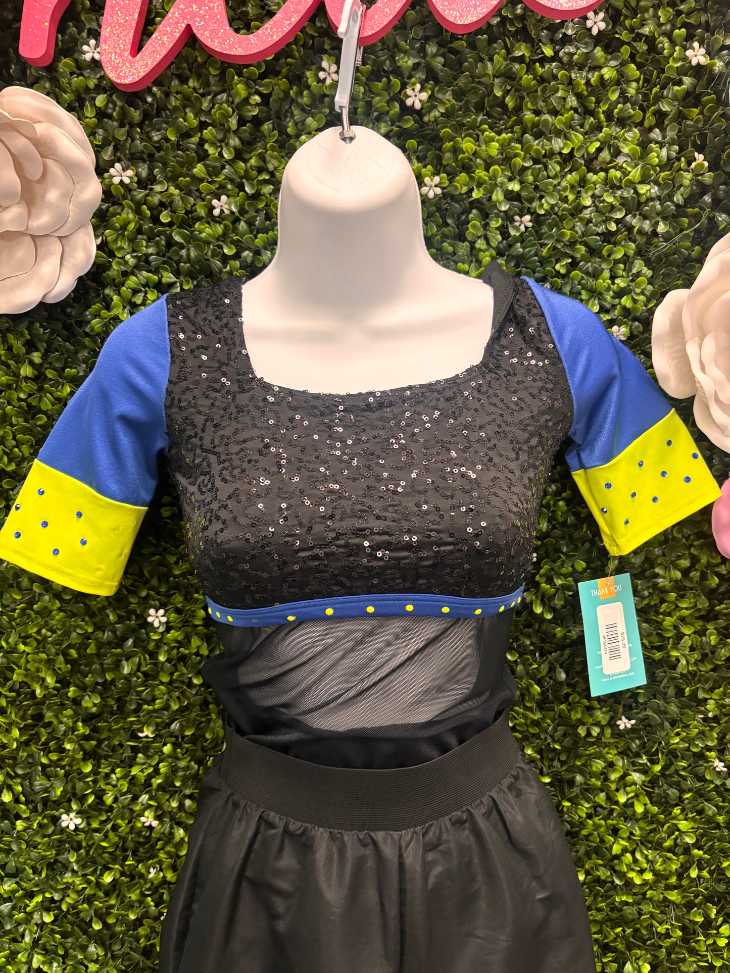 Child Medium Black Blue Sequin Leo with Black Pants Costume