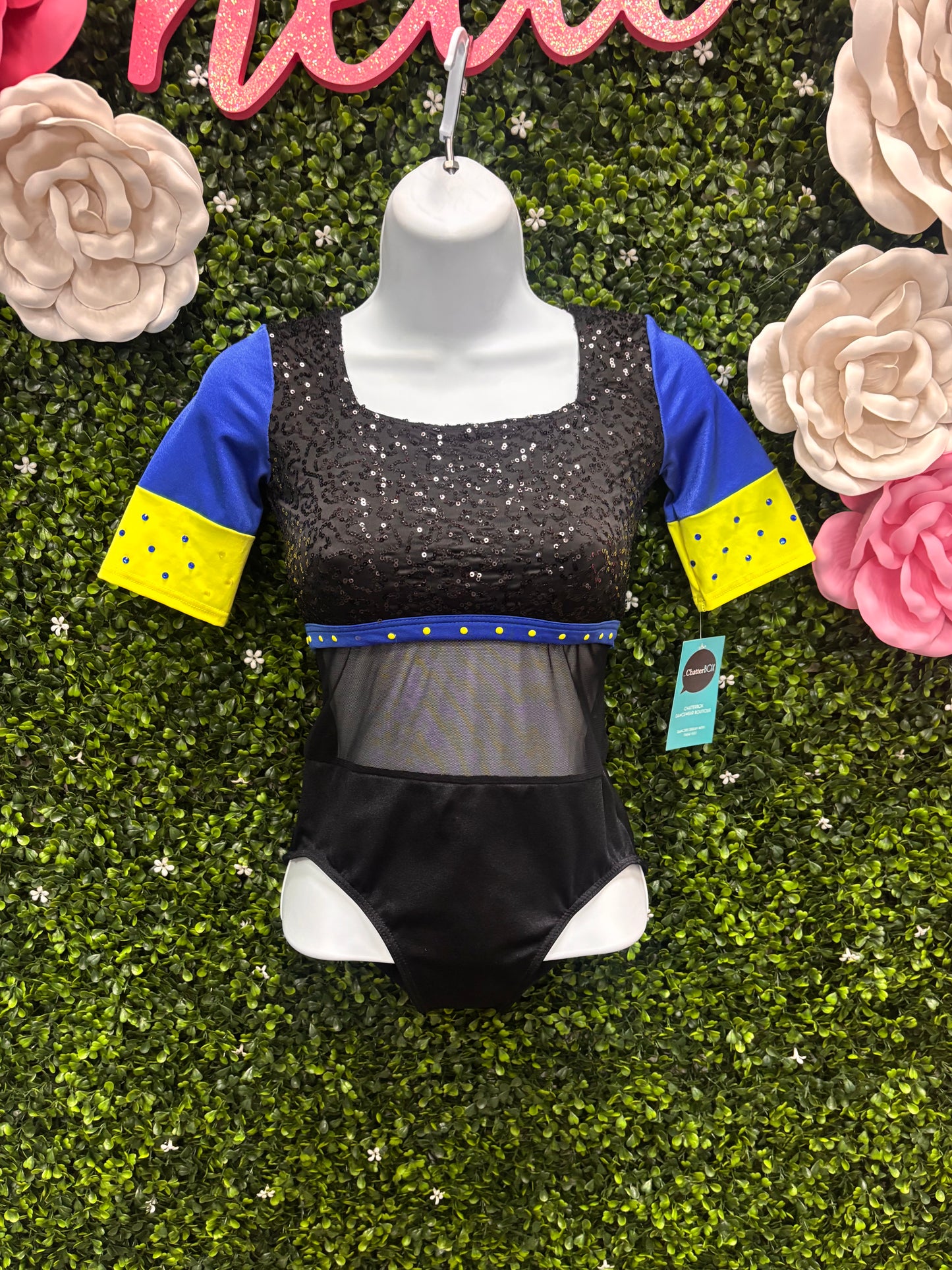 Child Medium Black Blue Sequin Leo with Black Pants Costume