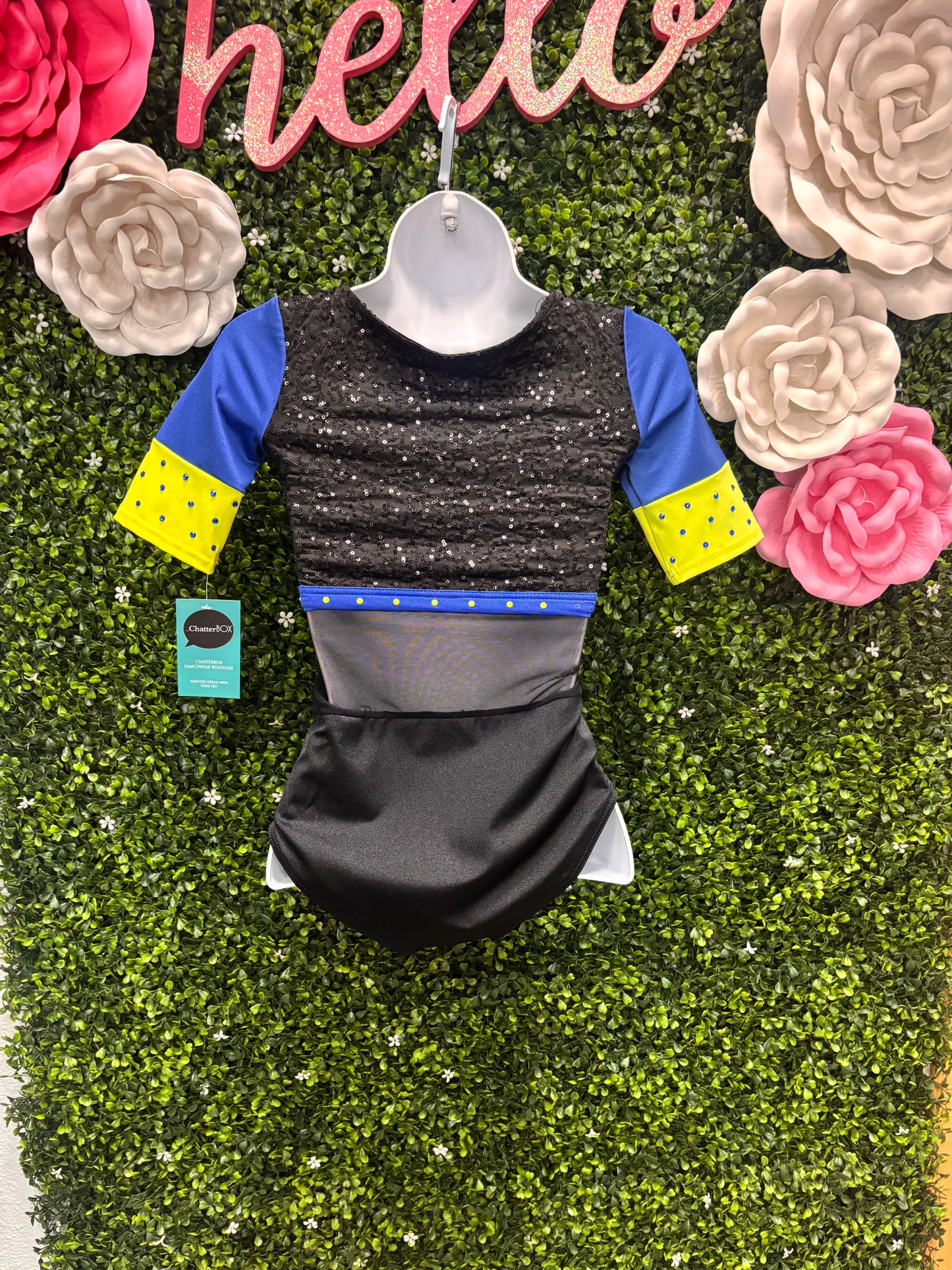 Child Medium Black Blue Sequin Leo with Black Pants Costume