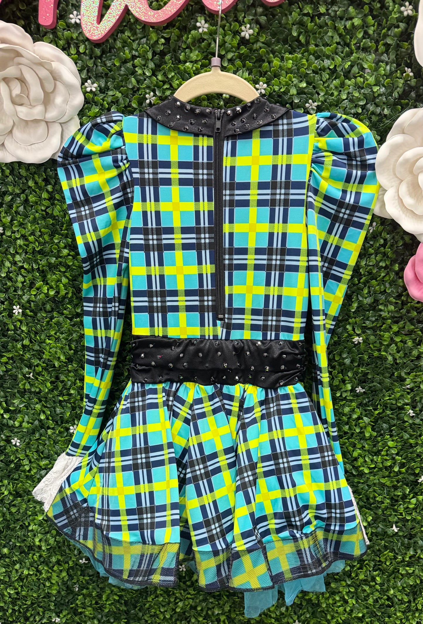 Child Medium Green Blue Plaid Dress Costume