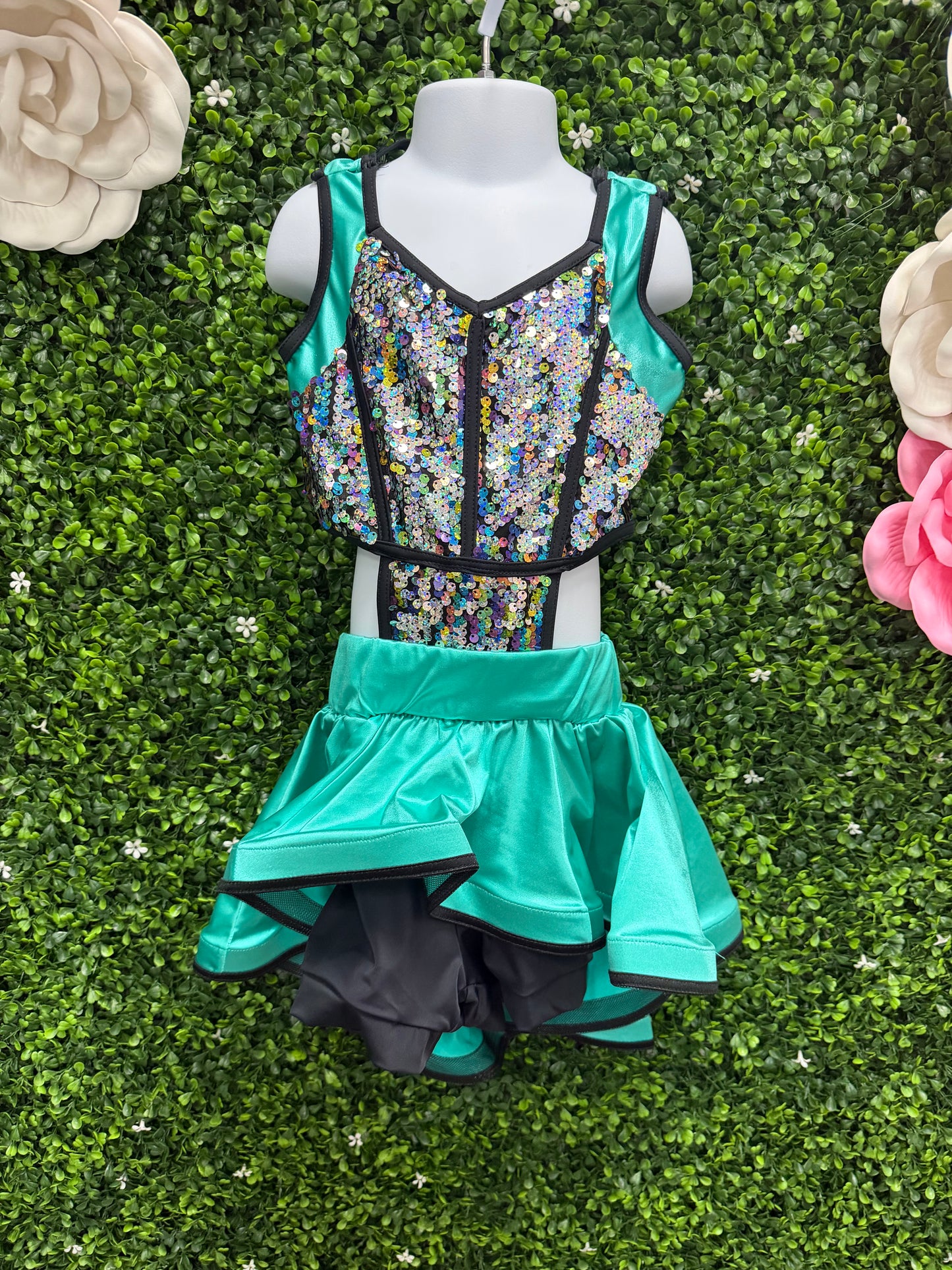 Child Medium Green Sequin Leo with Skirt
