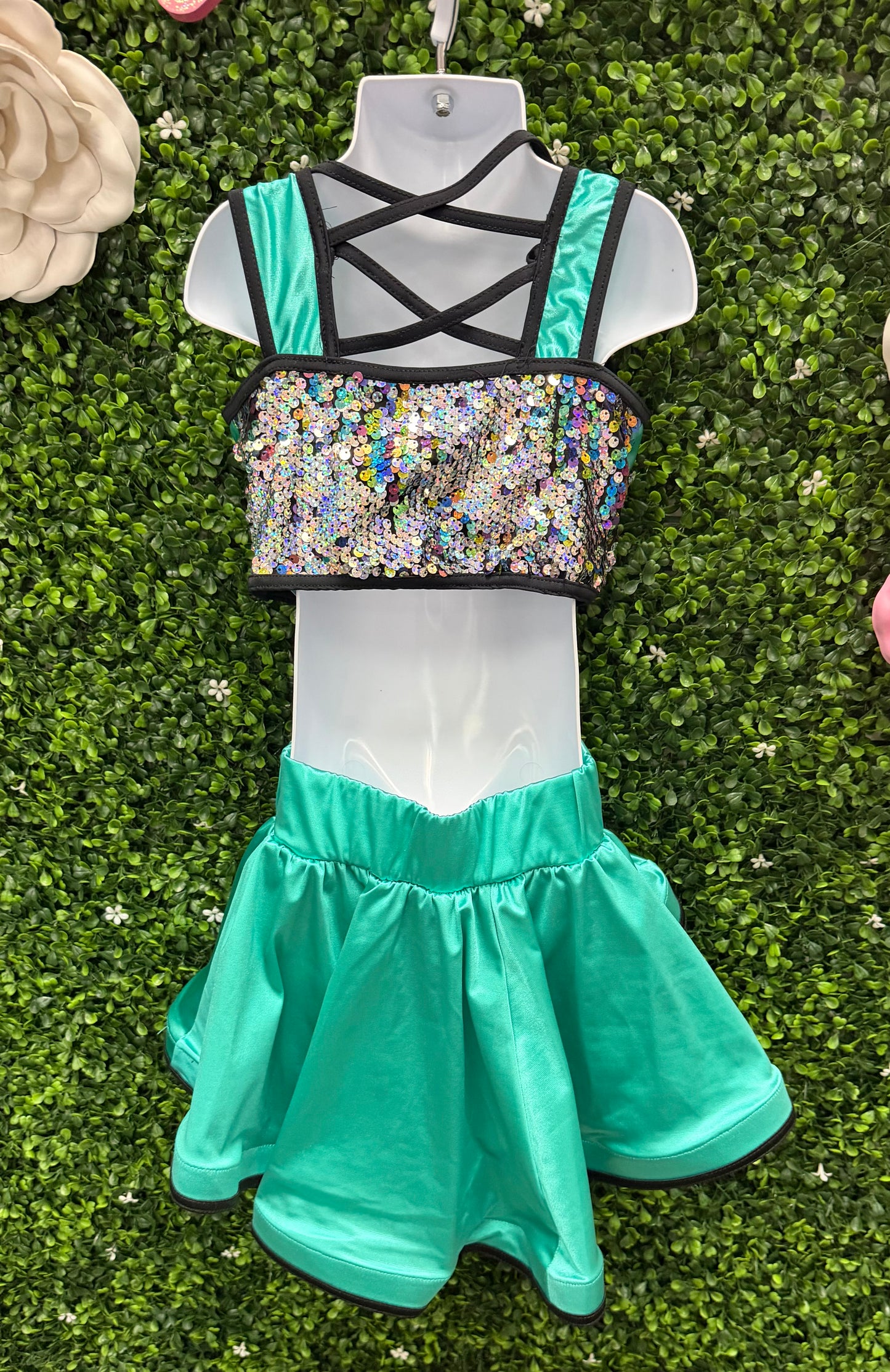 Child Medium Green Sequin Leo with Skirt