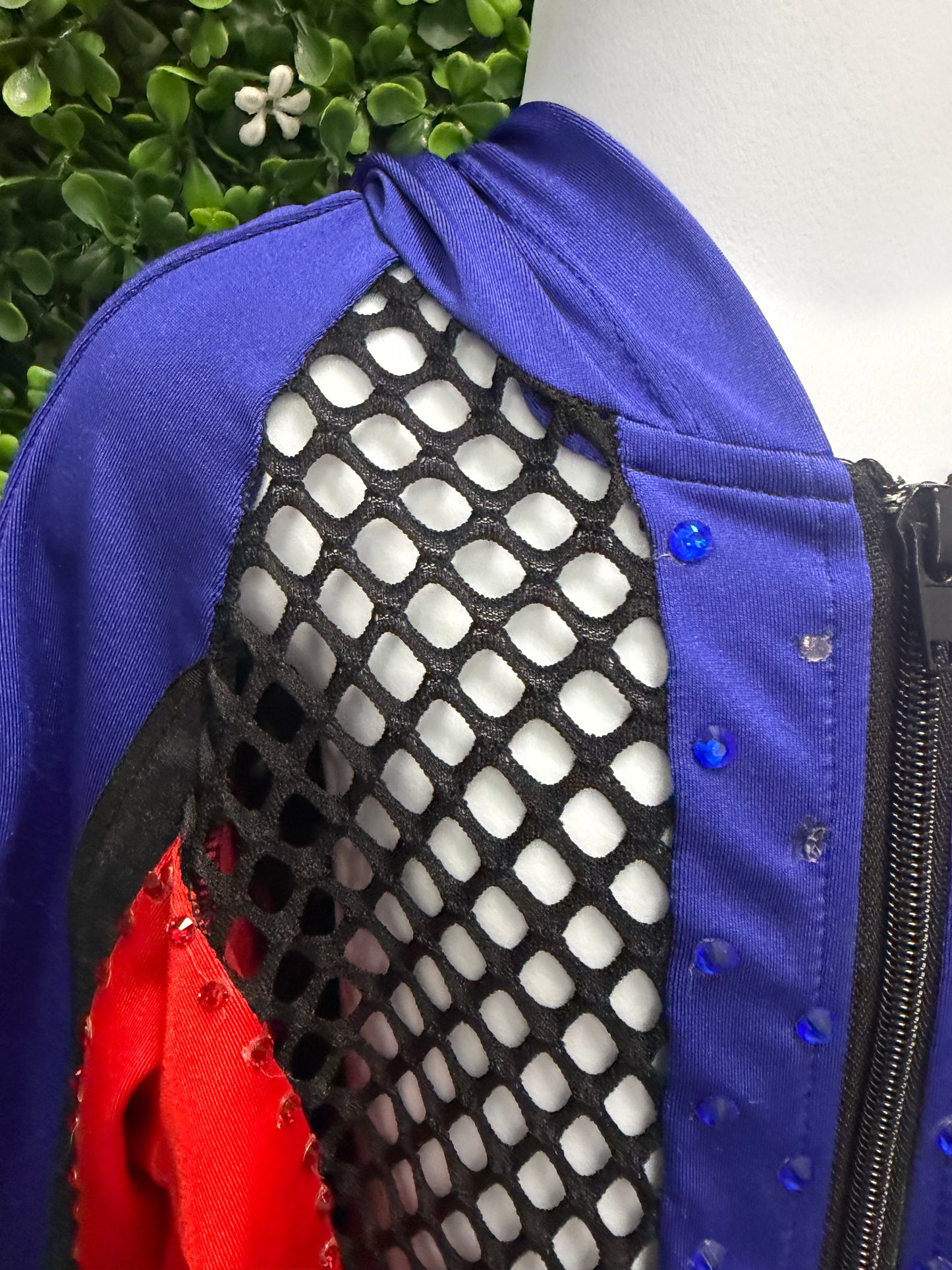 Child Large Red Blue Mesh Biketard Costume