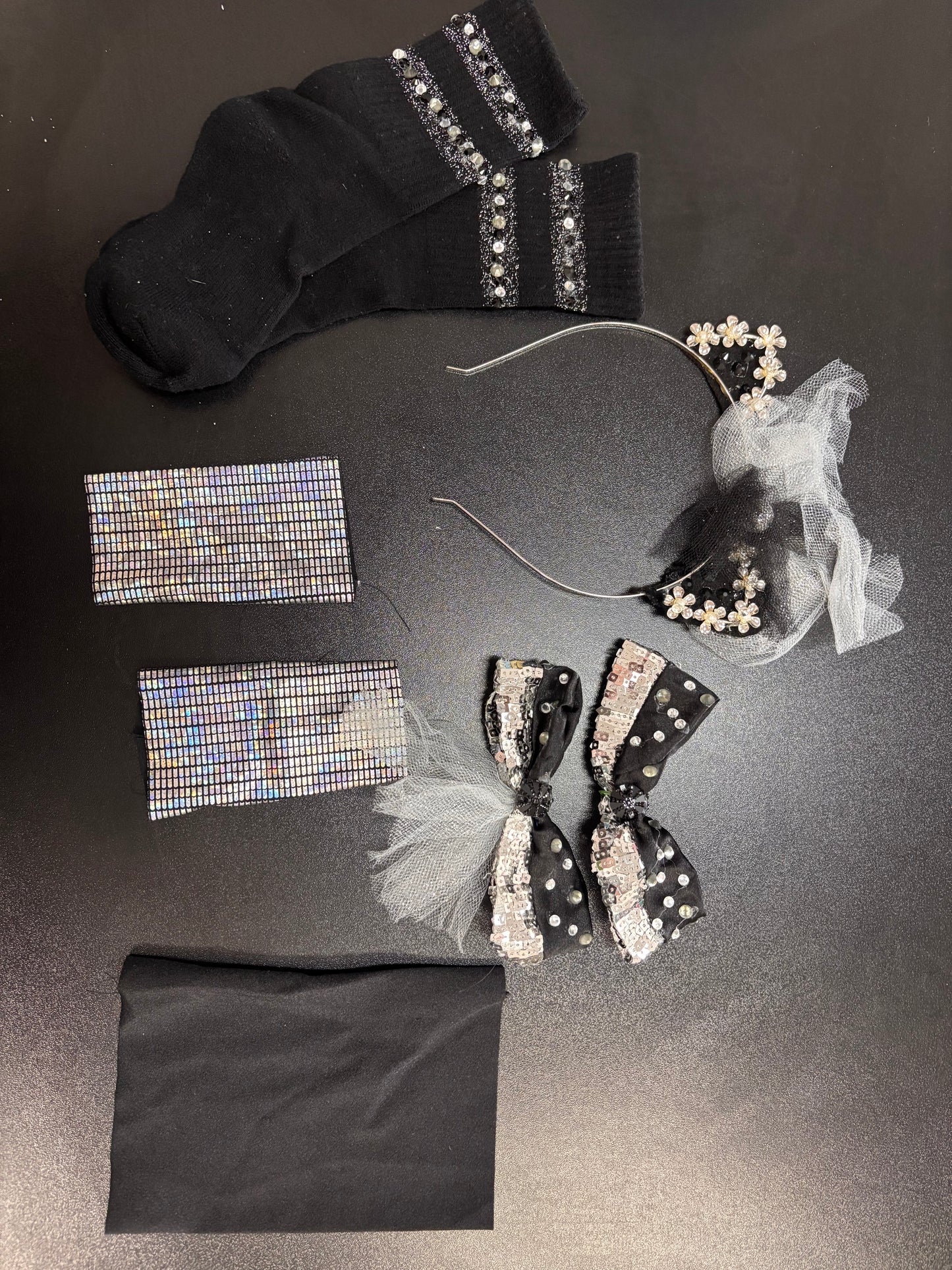 Child Medium Black Silver Mesh Biketard with Tutu Costume