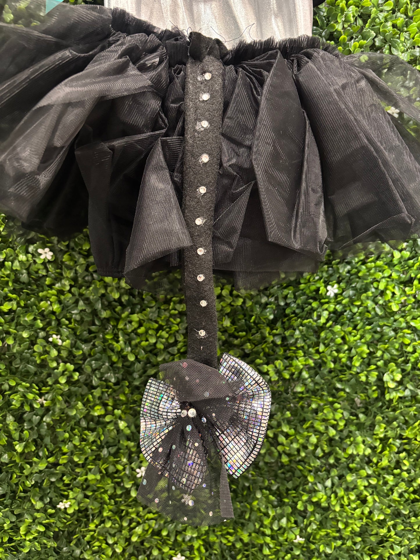 Child Medium Black Silver Mesh Biketard with Tutu Costume
