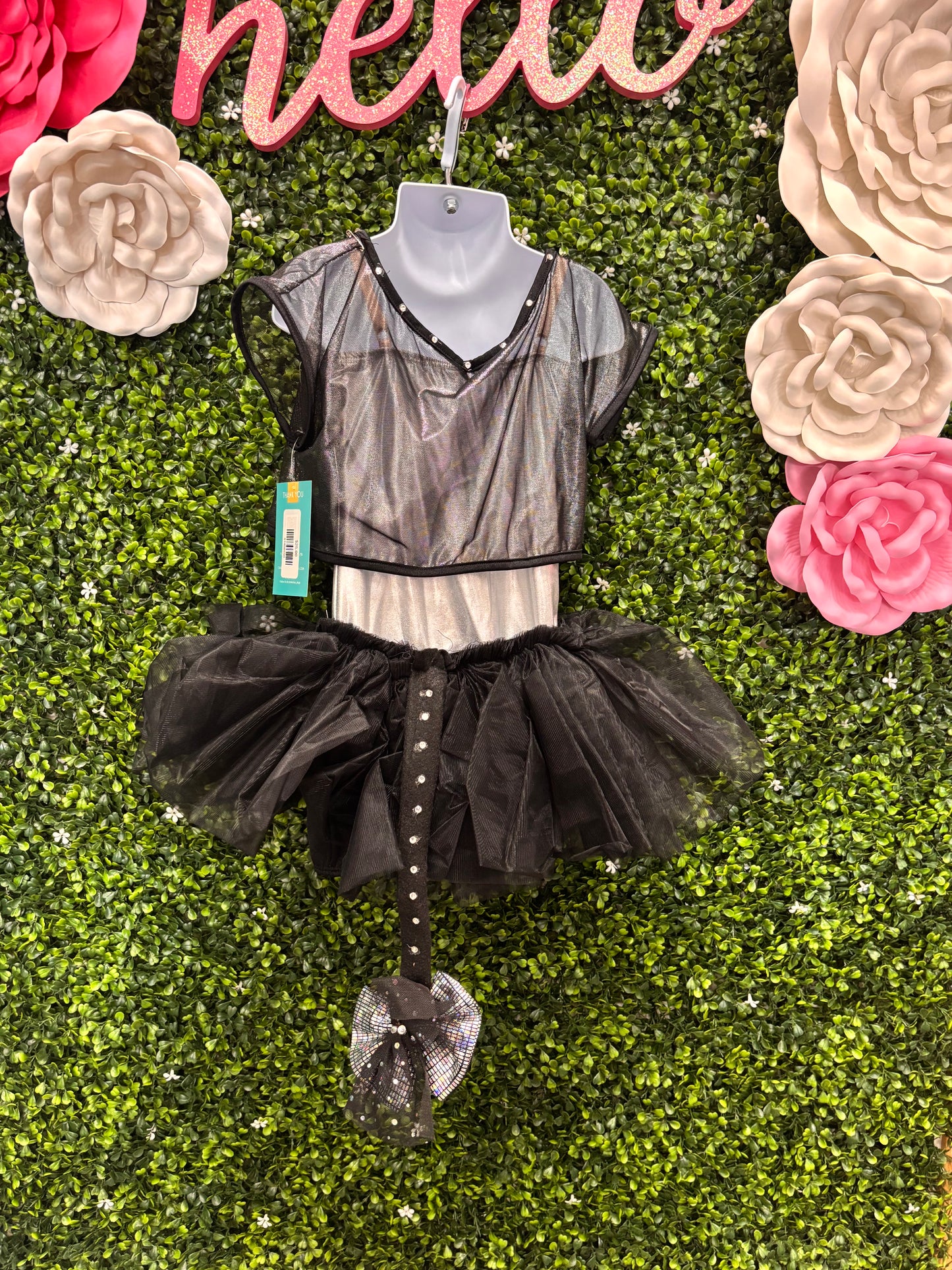 Child Medium Black Silver Mesh Biketard with Tutu Costume