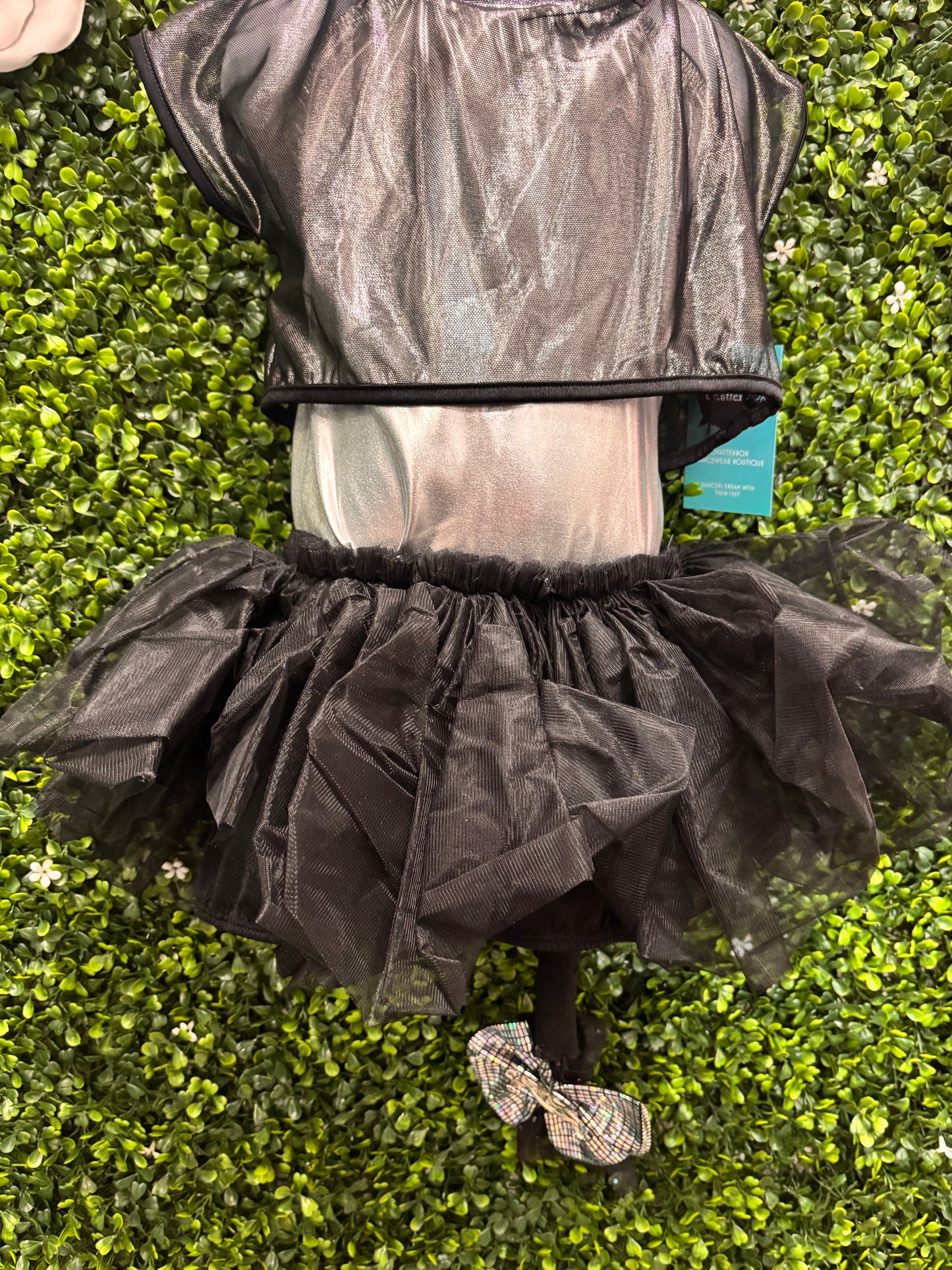 Child Medium Black Silver Mesh Biketard with Tutu Costume