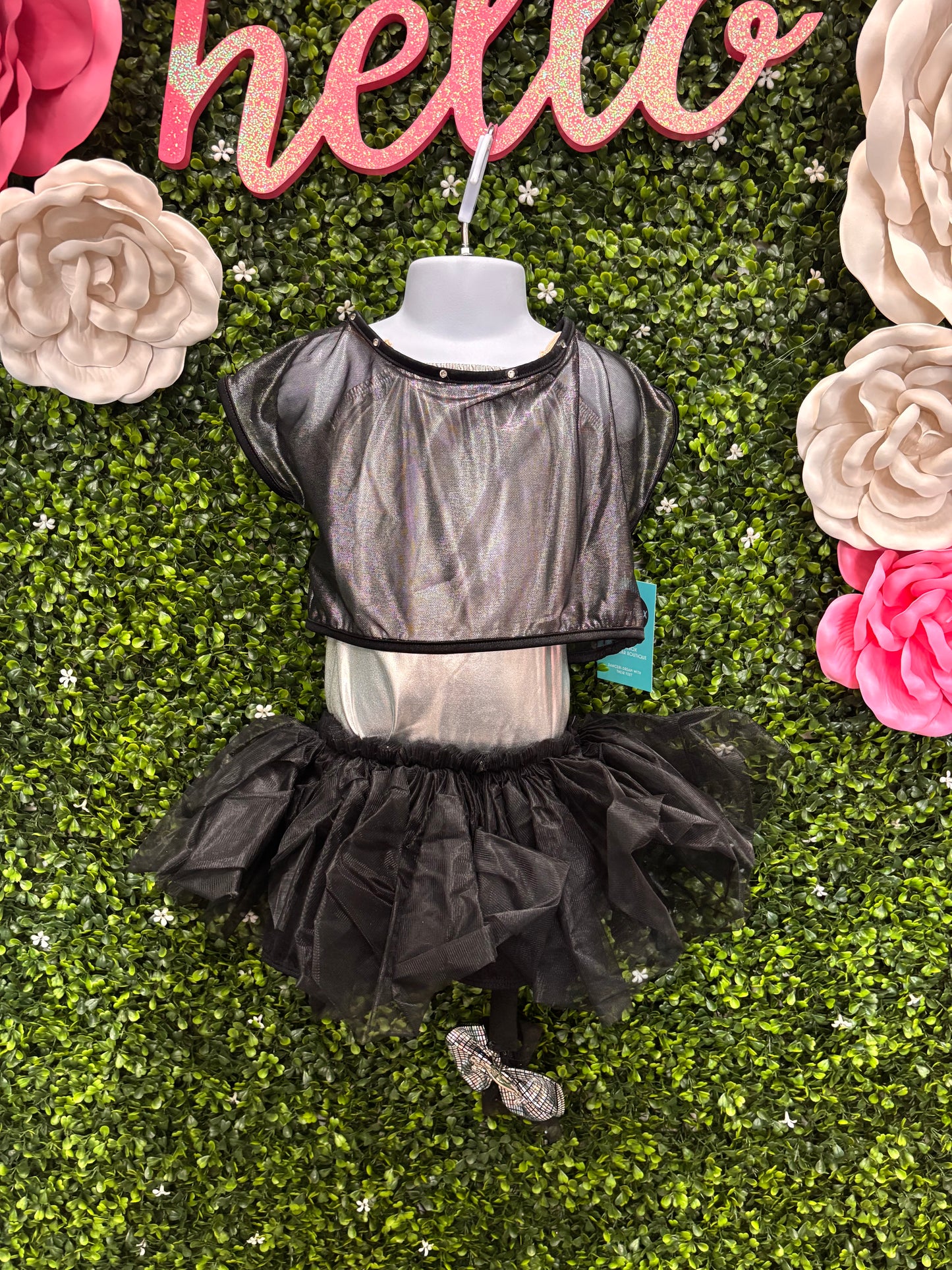 Child Medium Black Silver Mesh Biketard with Tutu Costume