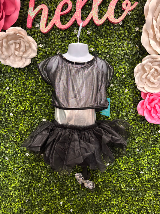 Child Medium Black Silver Mesh Biketard with Tutu Costume