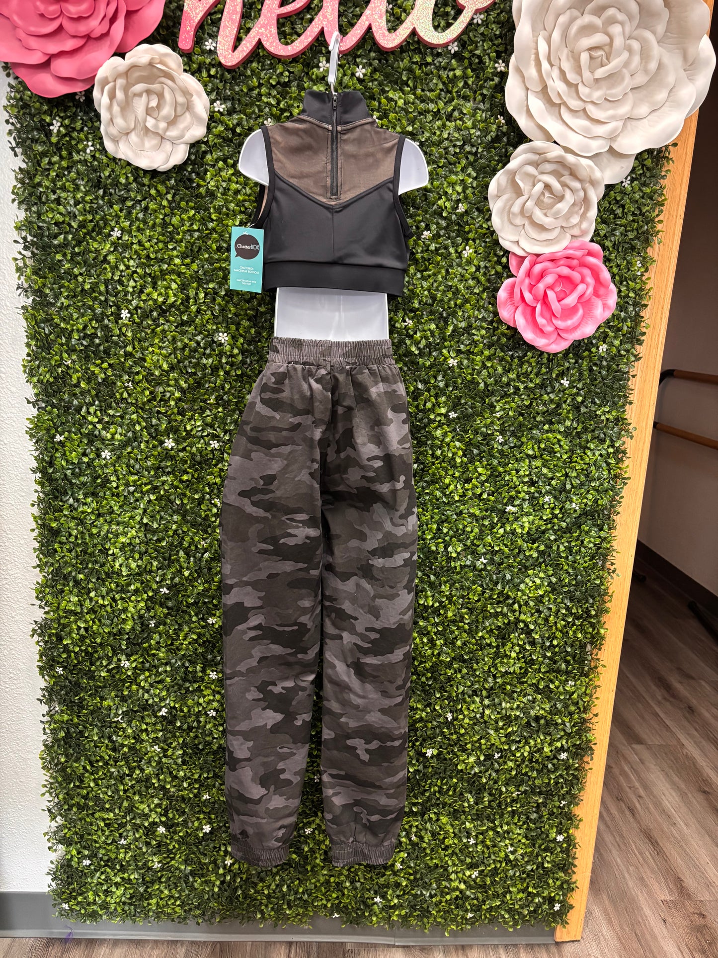 Child Intermediate Black Stoned Crop and Camo Pants Costume