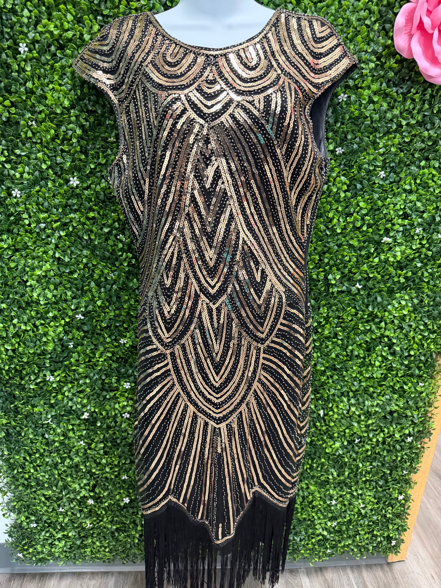 Adult Large Black and Gold Sequin Fringe Dress