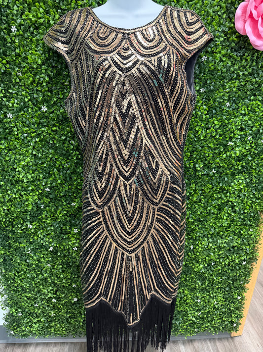 Adult Large Black and Gold Sequin Fringe Dress