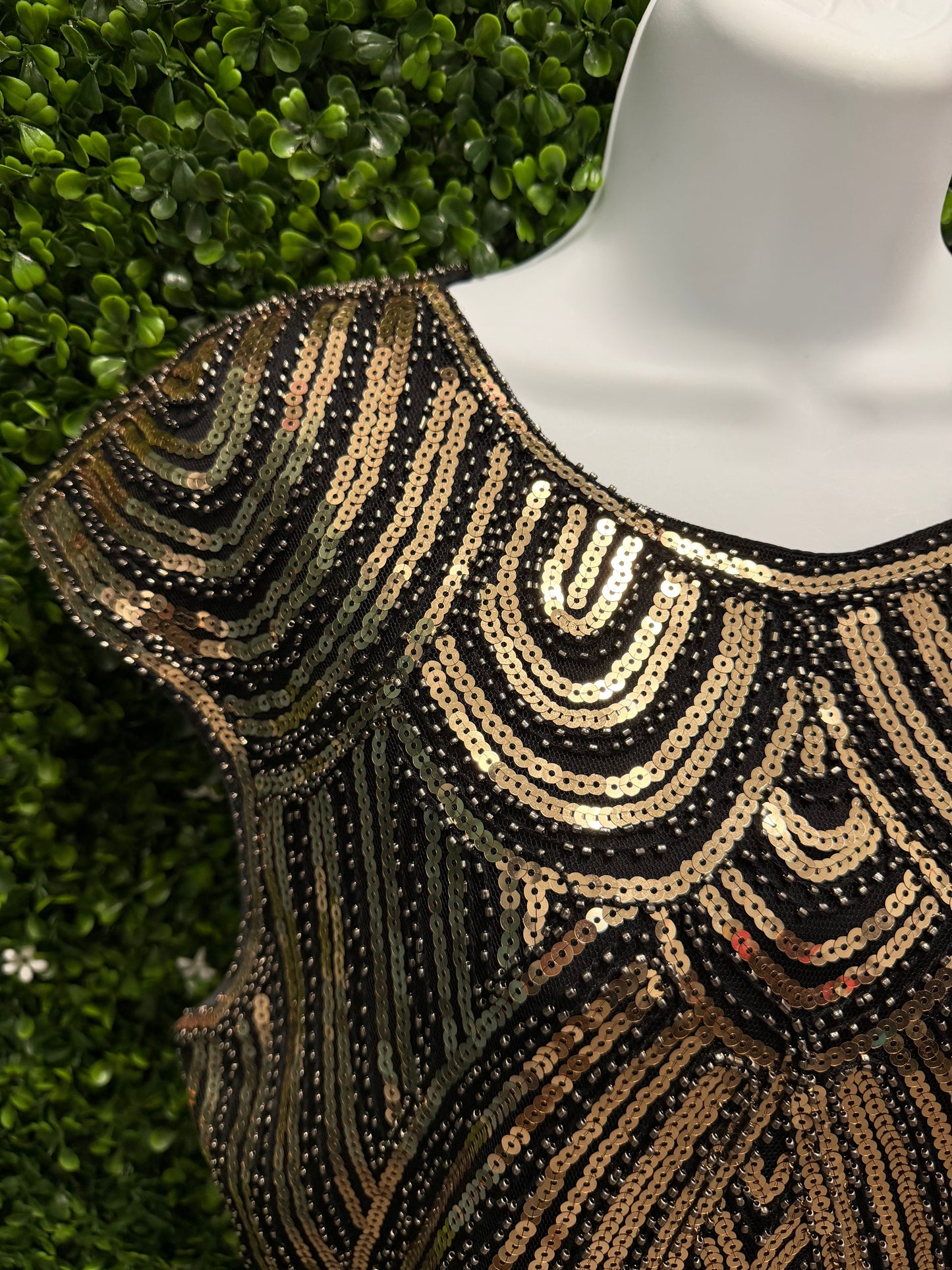 Adult Large Black and Gold Sequin Fringe Dress