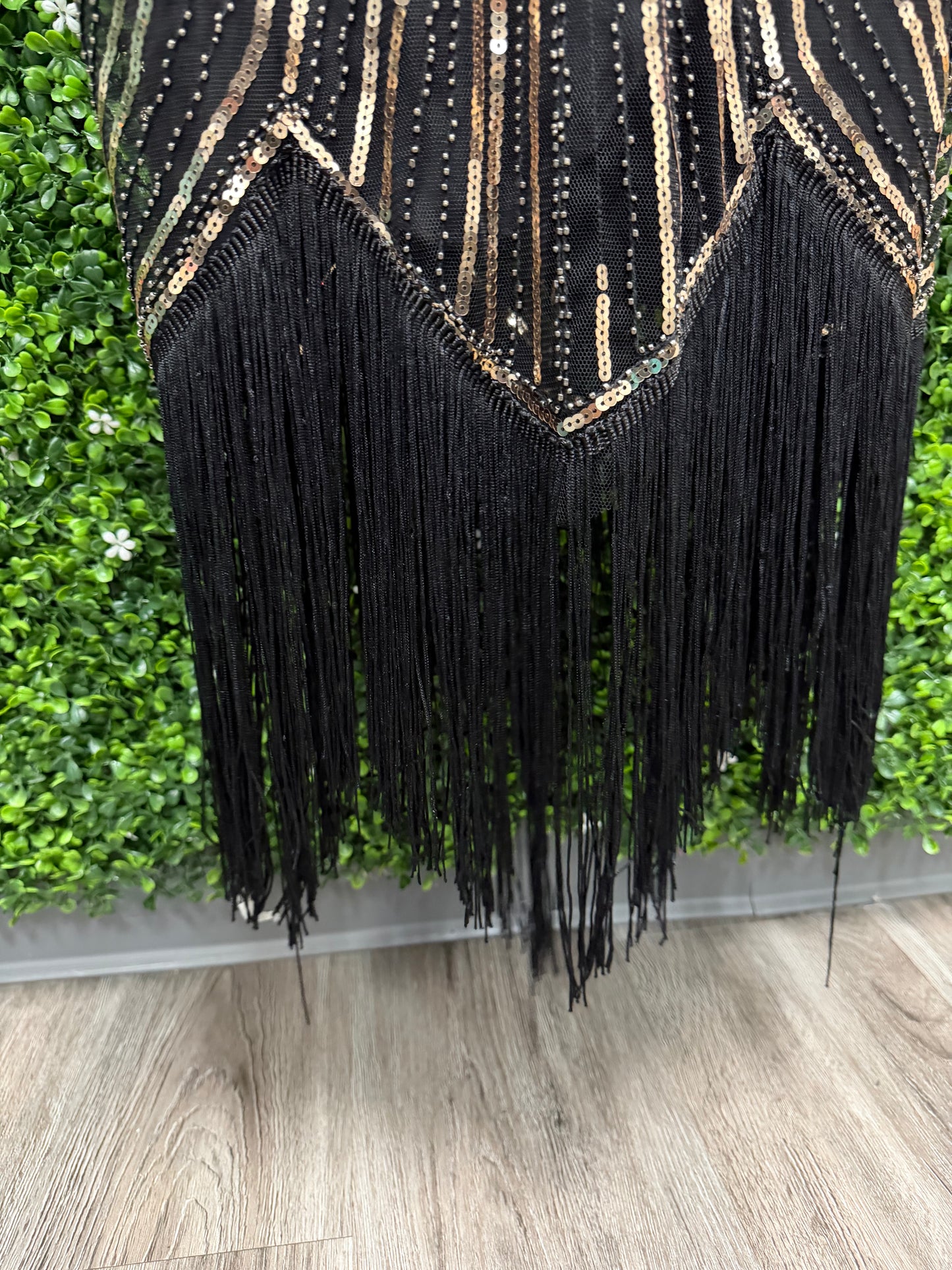 Adult Large Black and Gold Sequin Fringe Dress