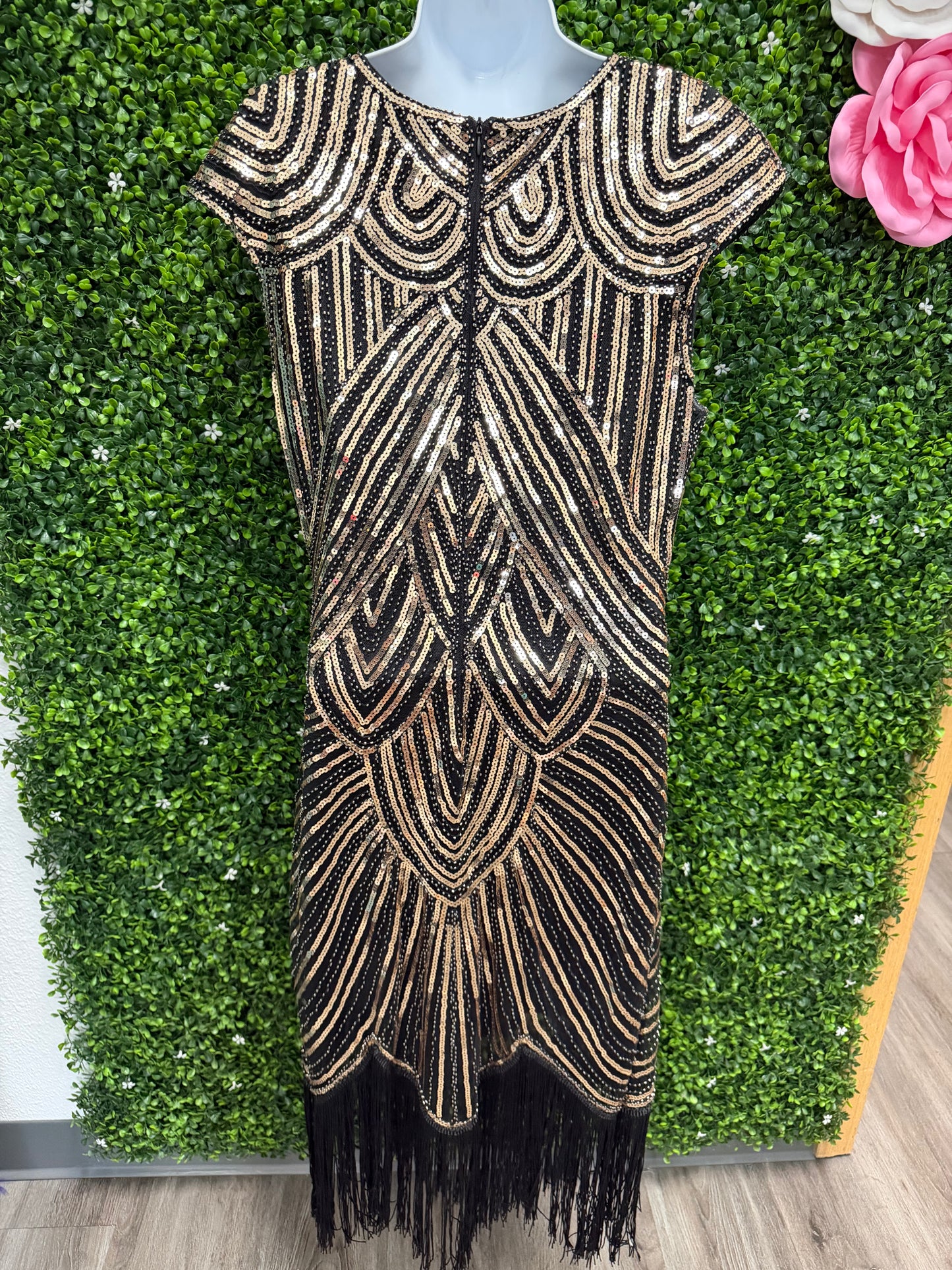 Adult Large Black and Gold Sequin Fringe Dress