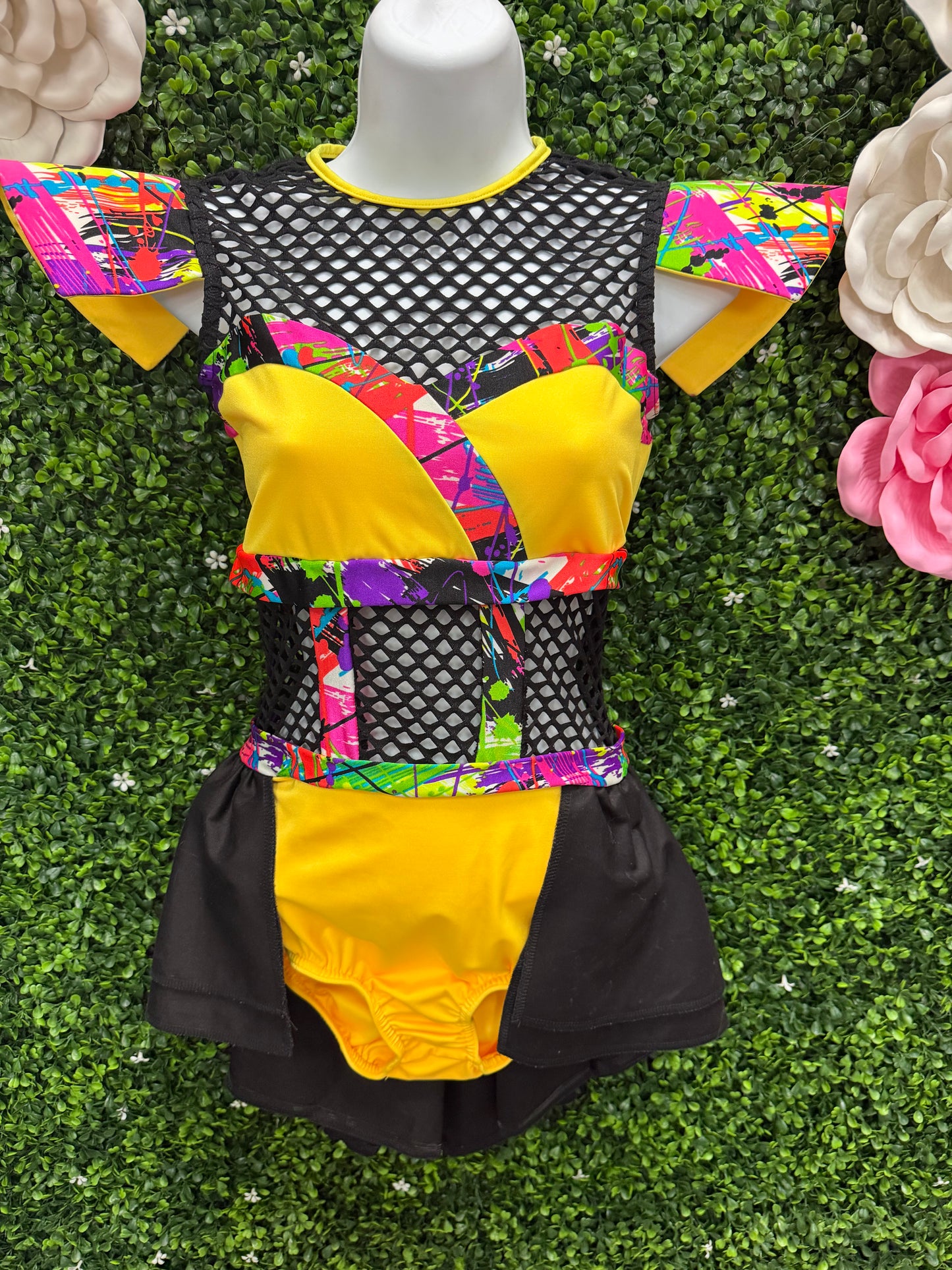 Adult Small Yellow Graffiti Black Mesh Costume