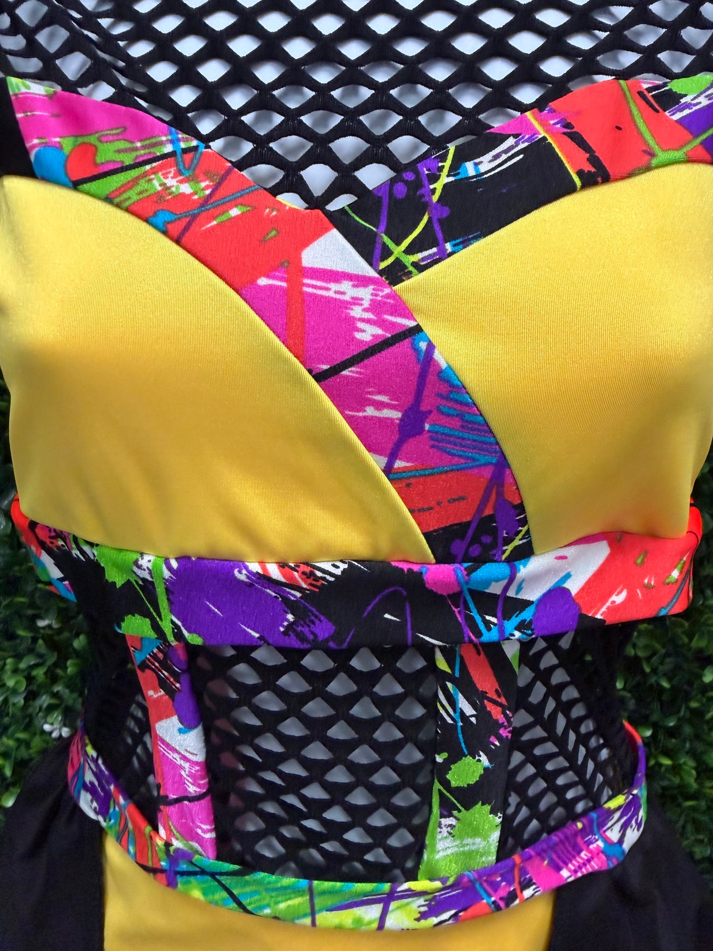 Adult Small Yellow Graffiti Black Mesh Costume