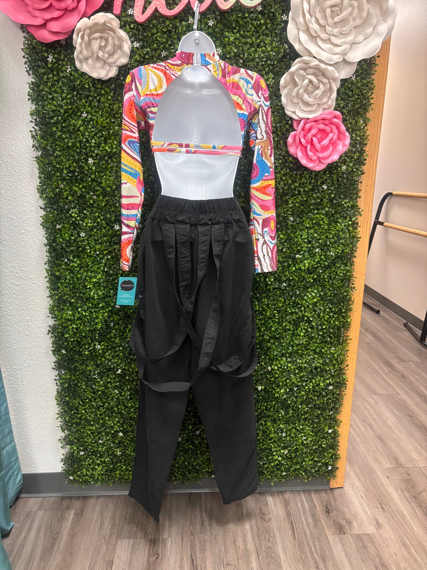 Adult Small Multi Color Top with Black Strapped Pants