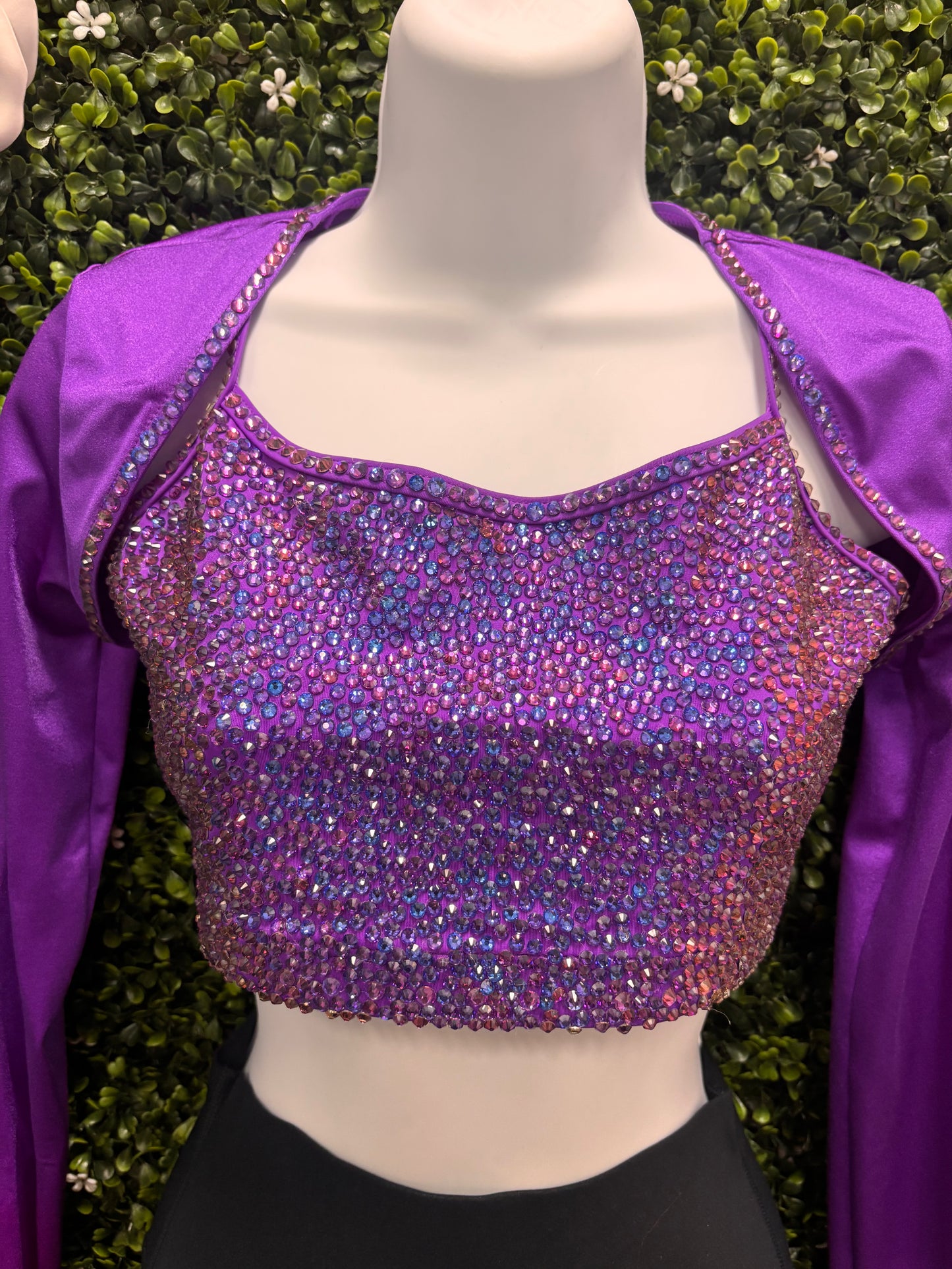 Adult Medium Purple Stoned Top with Black Leggings