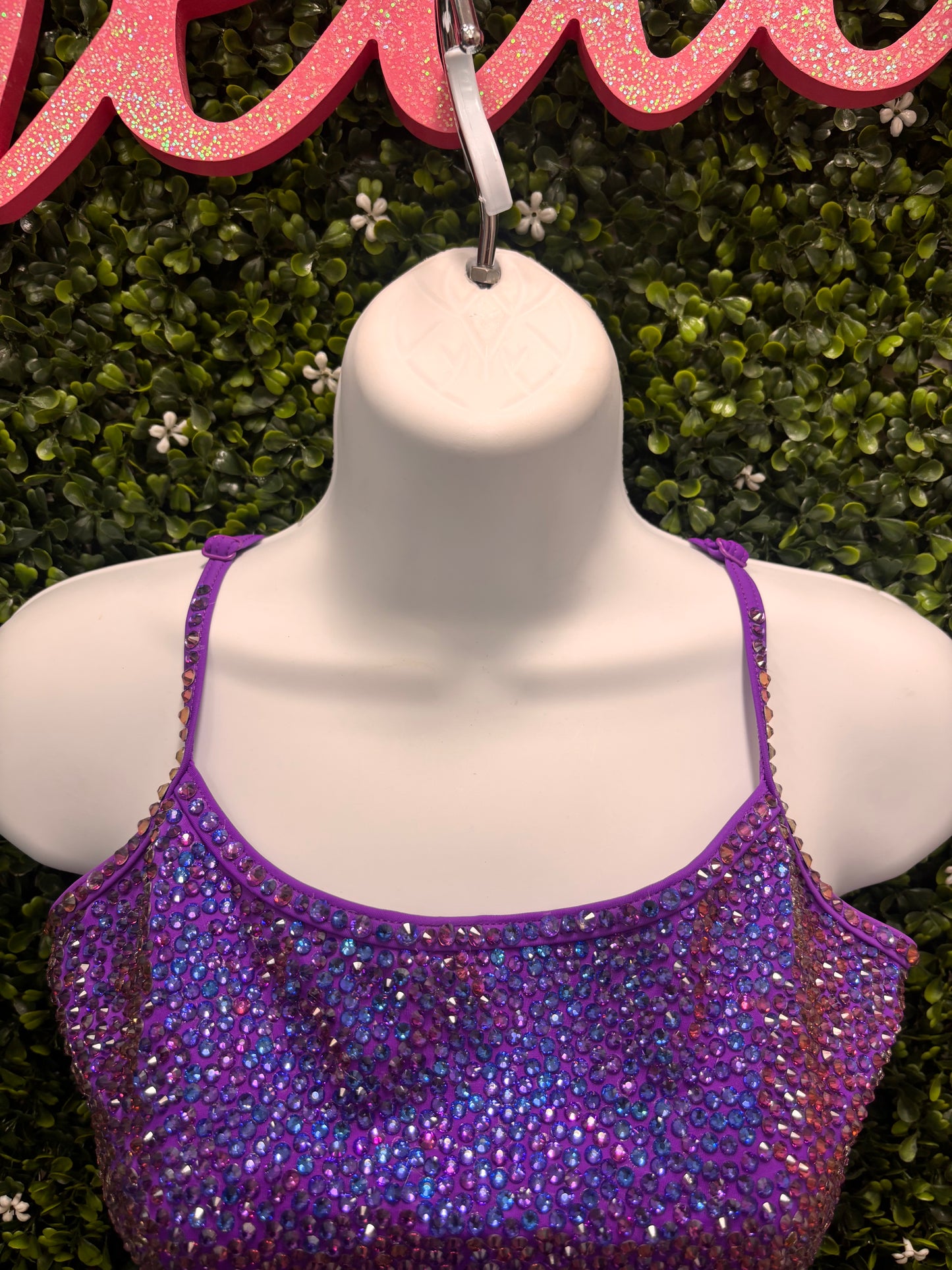 Adult Medium Purple Stoned Top with Black Leggings