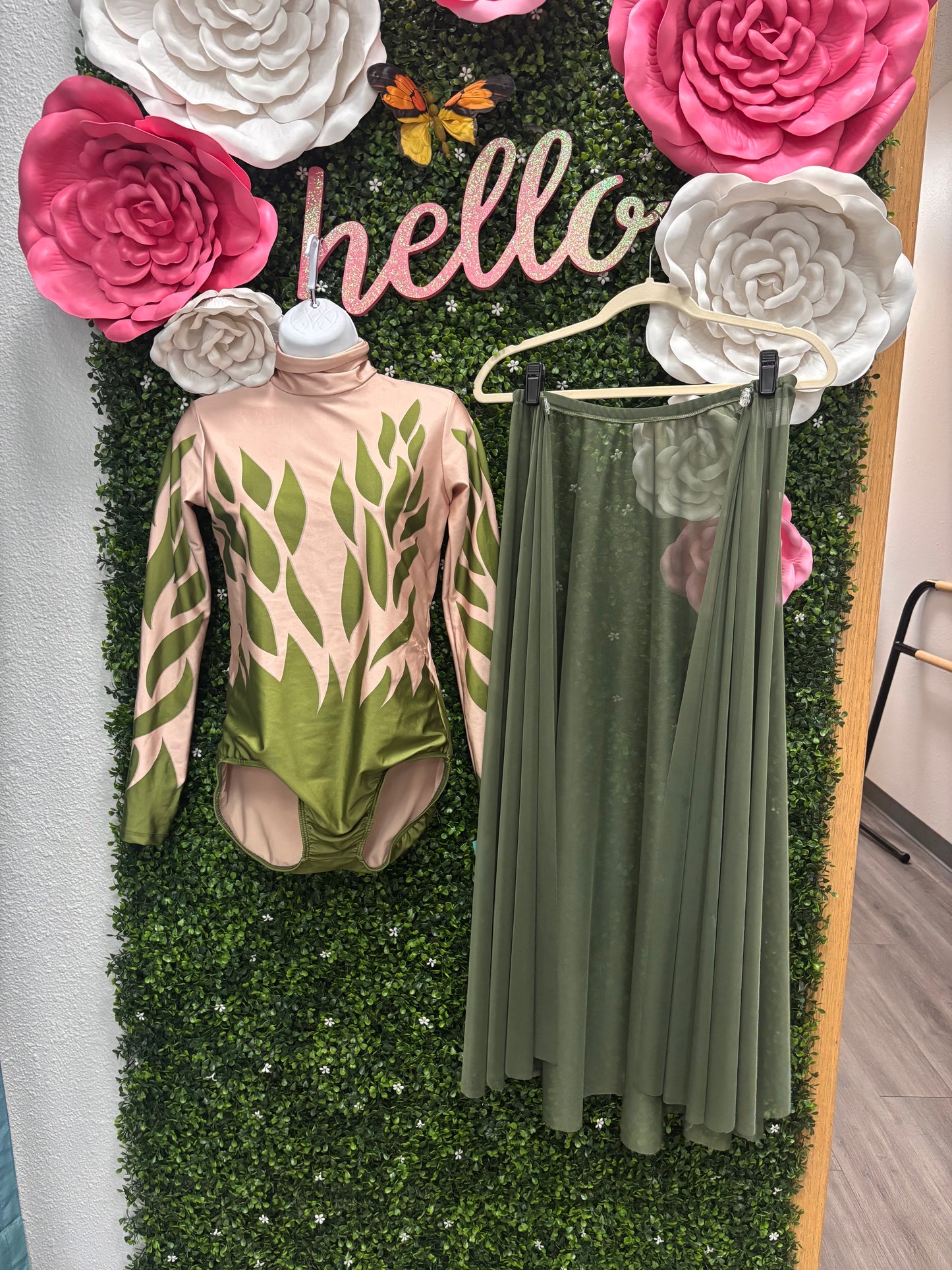 Adult Large Tan Green Leotard with Skirt